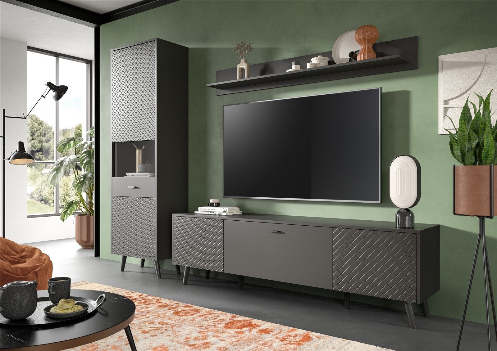 freiraum Wohnwand Linea, (3-teilig) Vitrine, Lowboard, Wandboard, grau - 258x195x40cm (BxHxT)