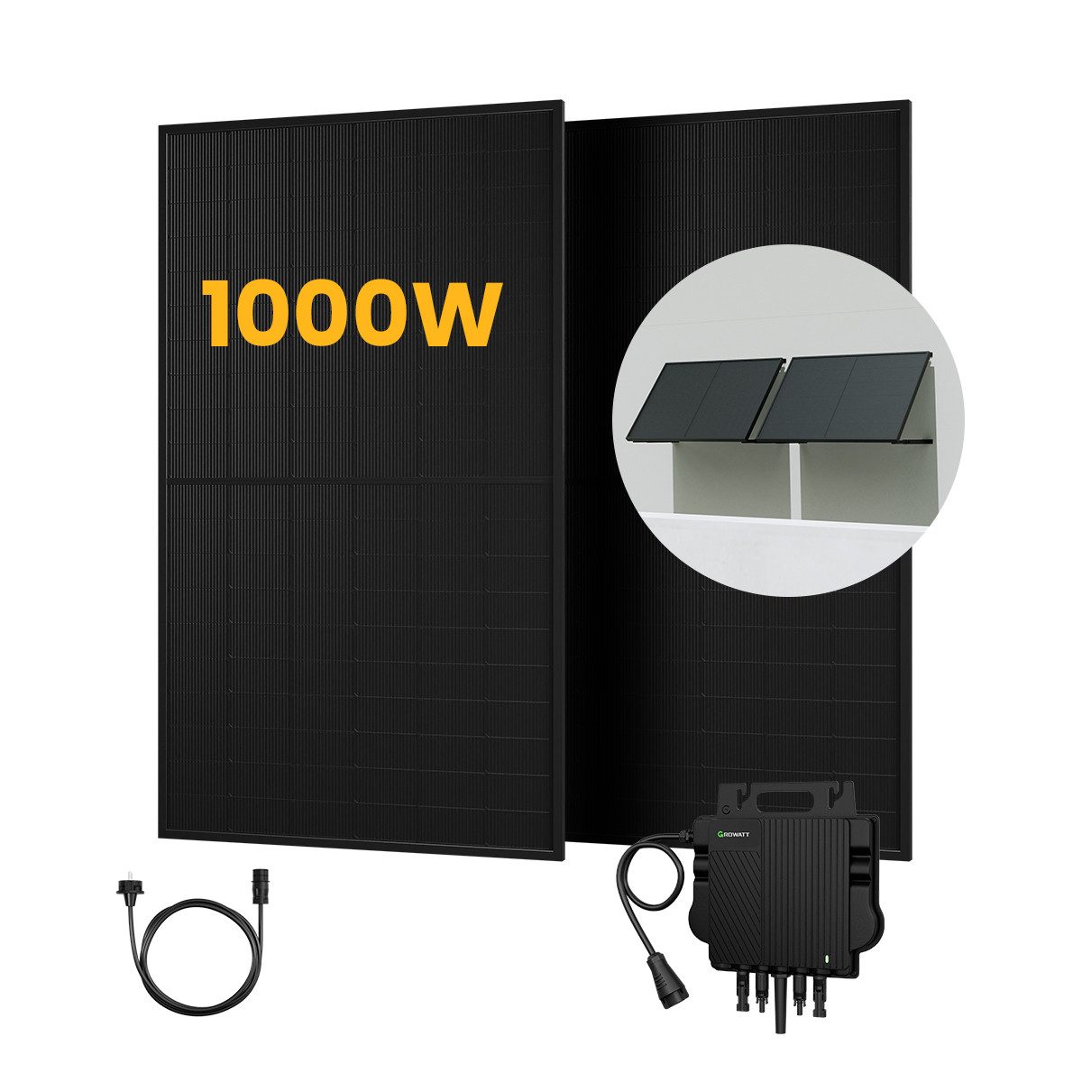 Growatt Balkonkraftwerk 1000W Solaranlage Solarmodule mit 800W Growatt Wechselrichter, (4 x 2m Solarpanel-Verlängerungskabel im Lieferumfang enthalten), Halterungen für Flachdach oder Balkon (optional)