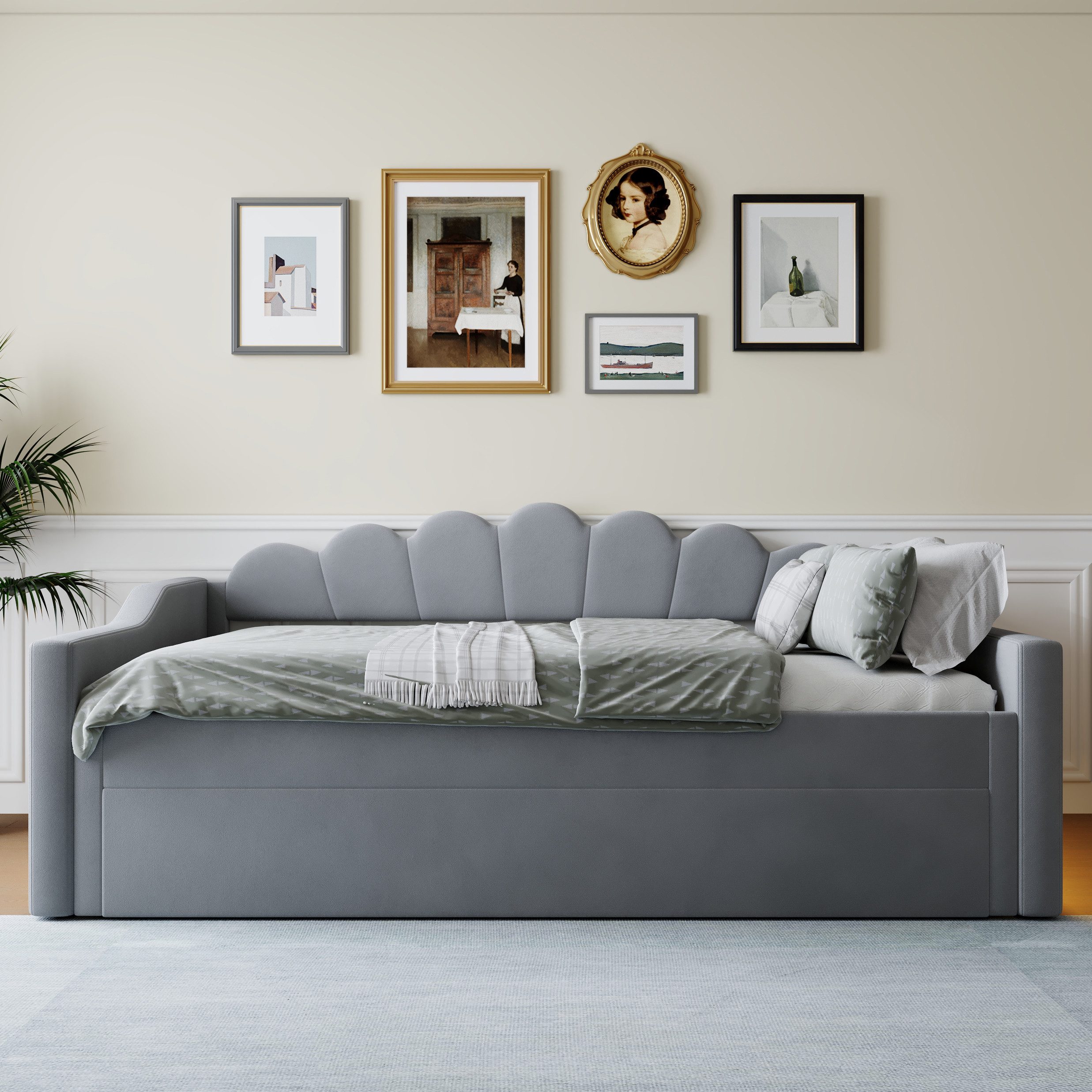 Merax Daybett mit LED- Beleuchtung & blütenförmigem Kopfteil (Kinderbett Polsterbett Jugendbett, 1 tlg), Schlafsofa Tagesbett 140x200cm mit Ausziehbett 90x190cm, Samt