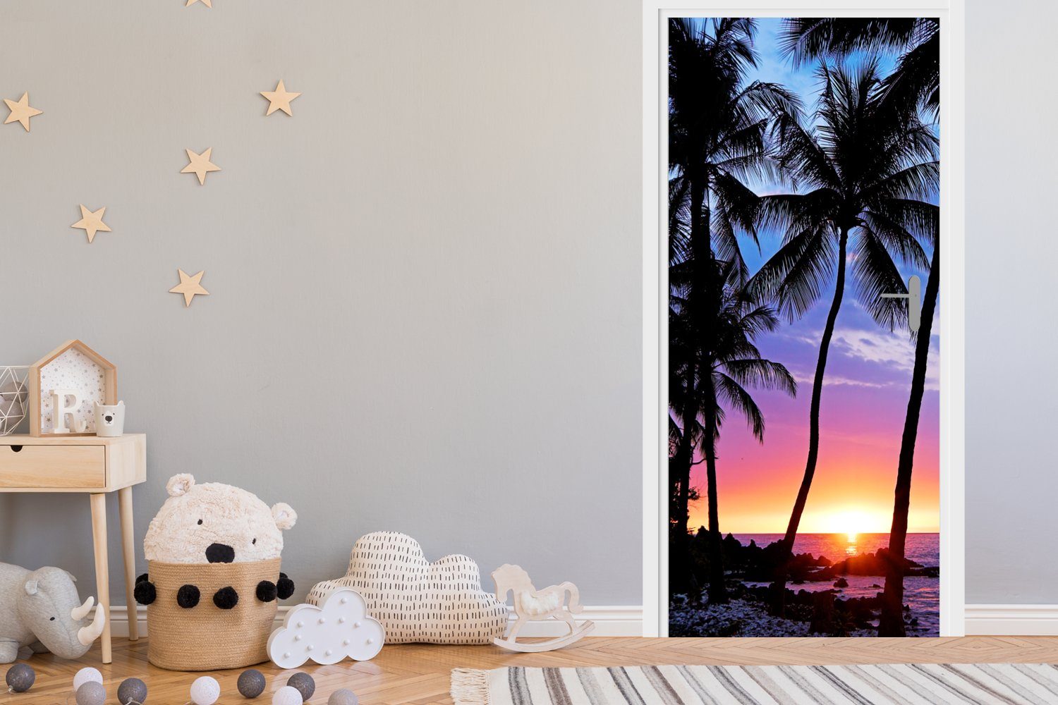 Matt, Eine Sonnenuntergangs 75x205 Silhouette für auf Türaufkleber, (1 Palmen MuchoWow cm Tür, bedruckt, St), von eines Fototapete Hawaii, während Türtapete