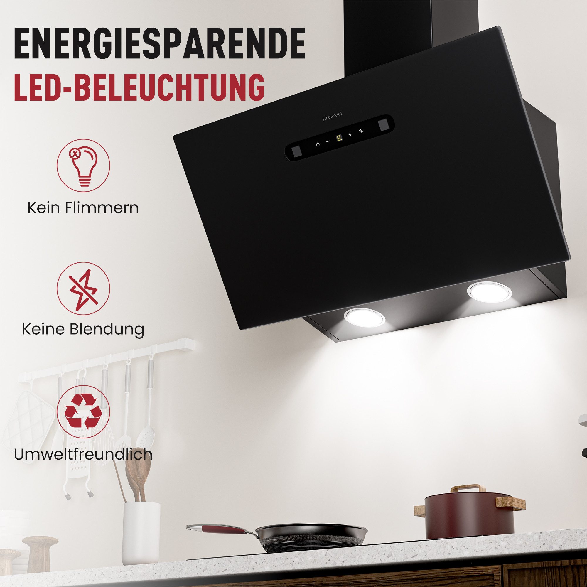 Levivo Kopffreihaube A+++ 420 m³/h Dunstabzugshaube 60cm Umluft & Abluft mit 2 Aktivkohlefiltern, 1 Fettfilter, 3 Stufen, Booster, 2 LEDs – Bild 4 von 5