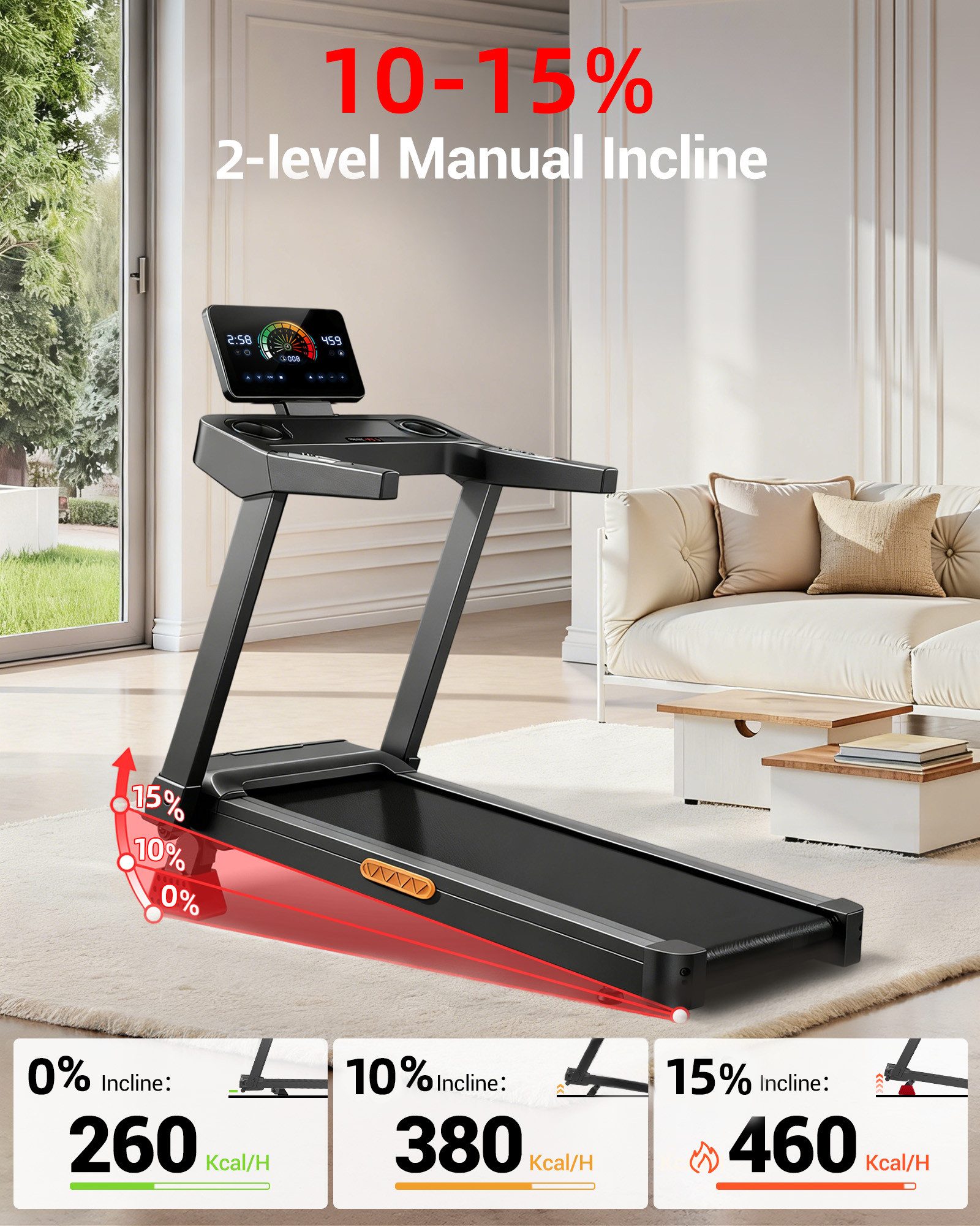 UMAY Laufband Laufband mit 15 % Steigung, dreifacher Dämpfung (maximale Belastung 180 kg, manuelle Neigungseinstellung), Lauffläche