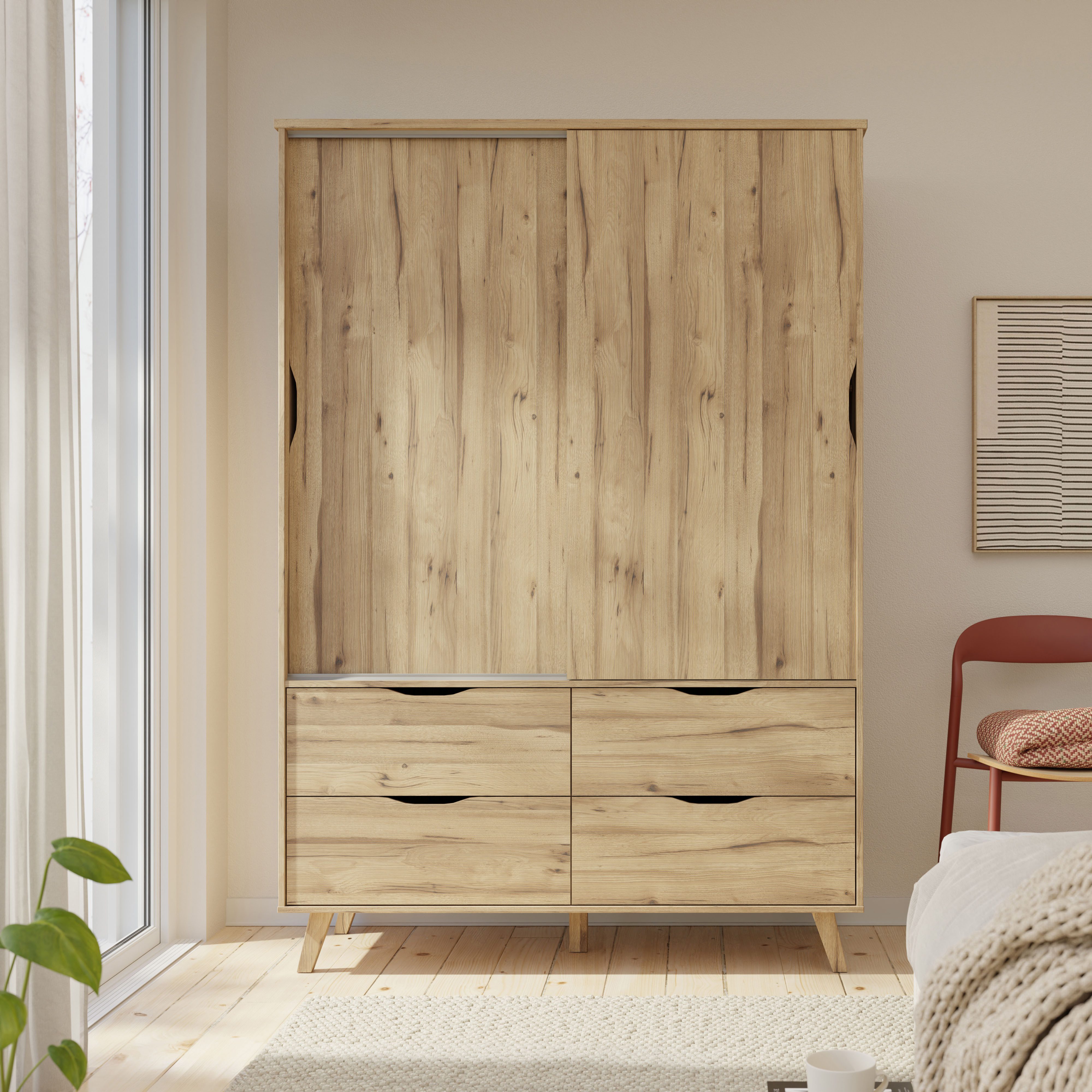 Forte Italy Schiebetürenschrank Vankka Viel Stauraum, skandinavischer Stil (B/H/T ca.140x200x50cm) Made in Europe, mit Einlegeböden+Kleiderstange+Schubladen,grifflos