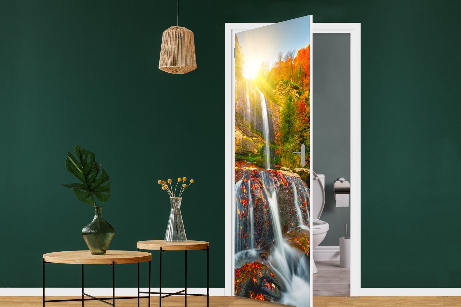 Türaufkleber, St), bedruckt, Tür, Türtapete Fototapete Matt, - für - (1 Wasserfall Natur Rot - Wasser, MuchoWow Herbst - 75x205 cm