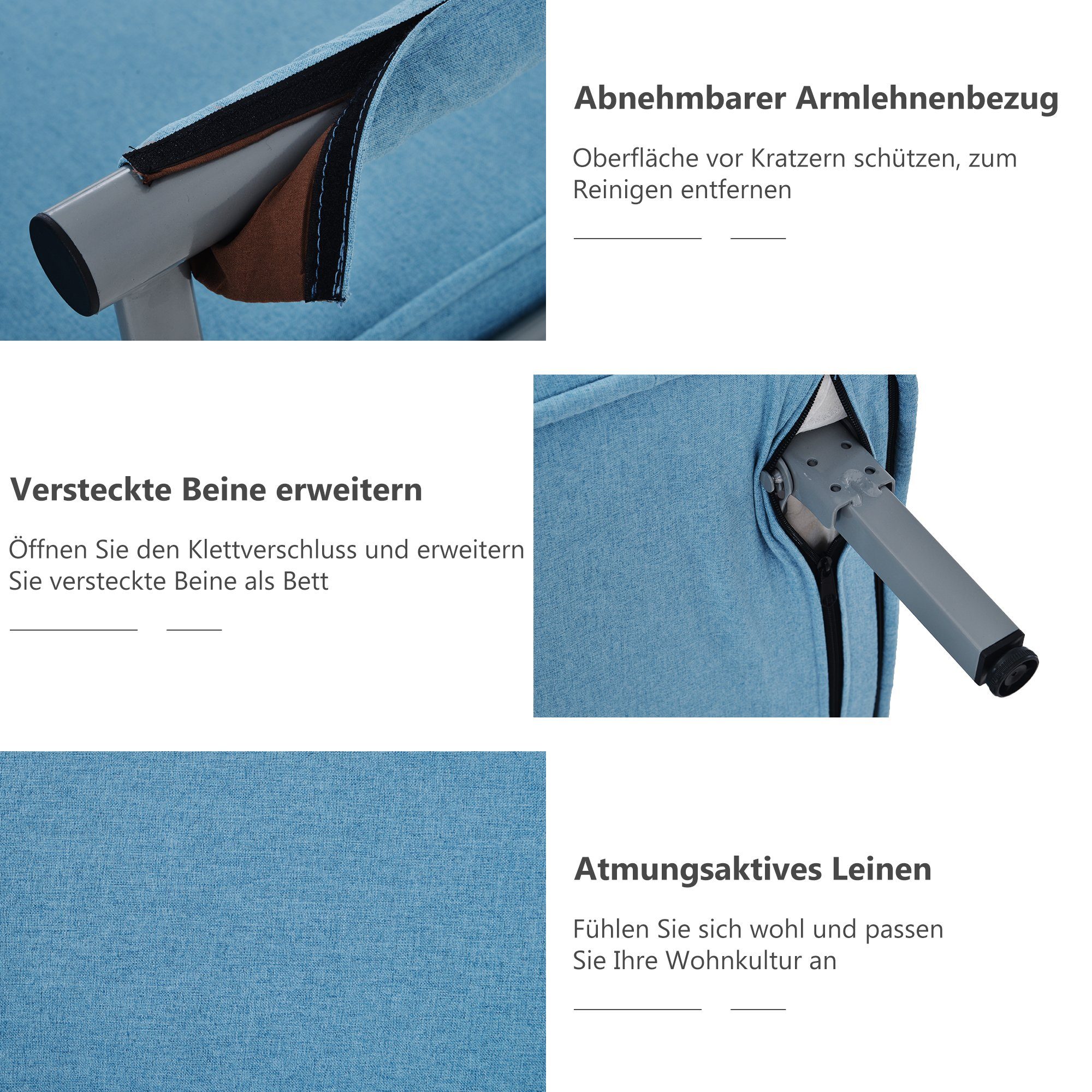 Daybett, mit ausziehbaren Metallstützbeinen, verstellbare Rückenlehne