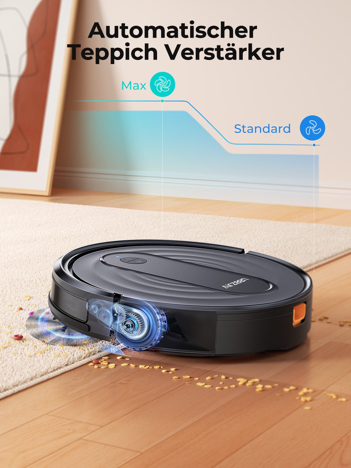 Honiture Saugroboter mit Wischfunktion 6000 Pa Saugleistung, 2-in-1 Saugen und Wischen, 120 Minuten Akkulaufzeit, Vielseitige Reinigungsmodi