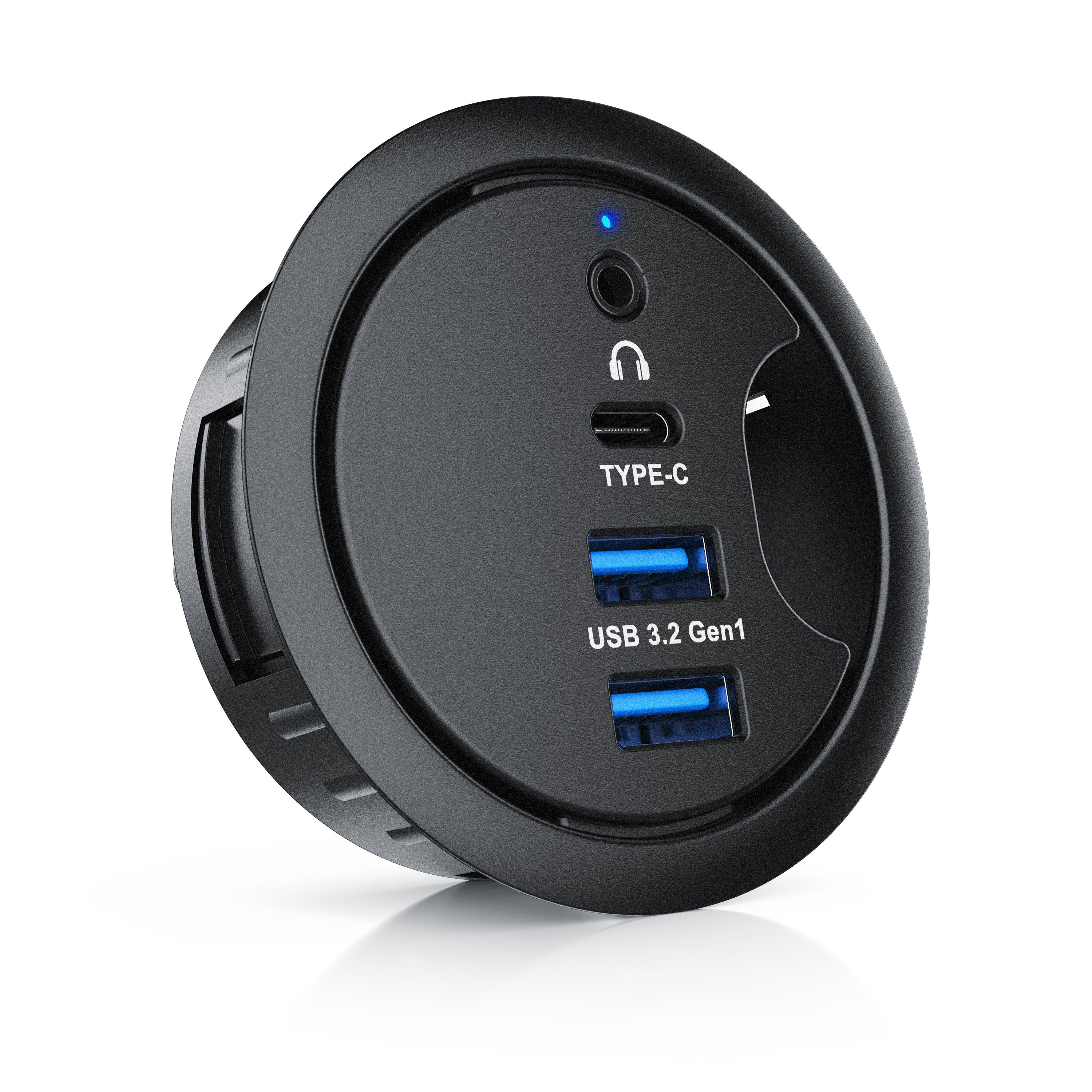 Tisch Kabeldurchführung Hub 2x USB 3.2 Gen1 Typ A, 1x USB-C, 1x 3,5mm, Computer-Adapter