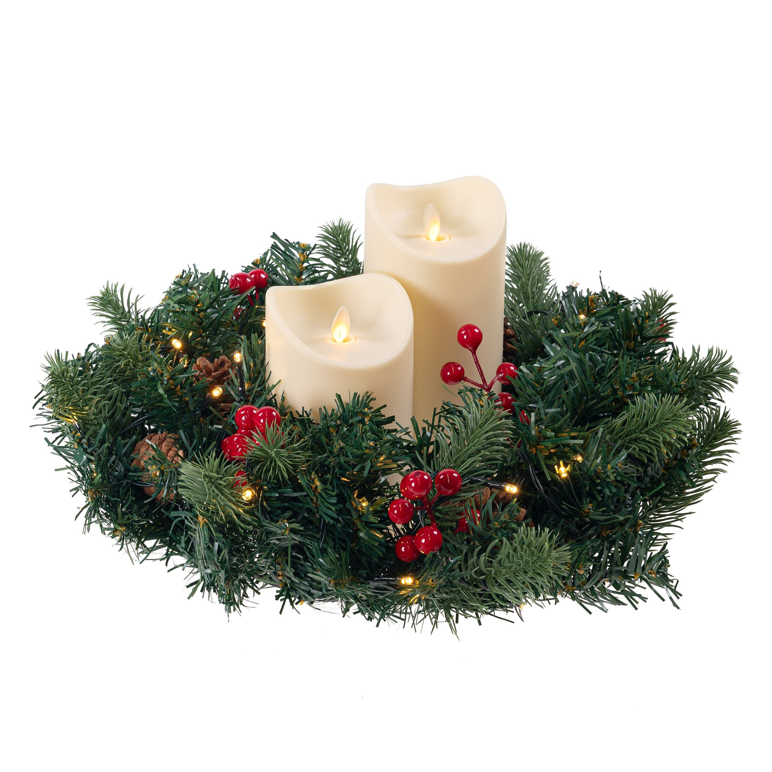 Ø Adventskranz cm, Zapfen, creme Tannenkranz flammenlos und mit Kerzen, Lichterkette 4 mit Künstlicher batteriebetrieben, BONETTI Adventskranz Beeren, LED 35