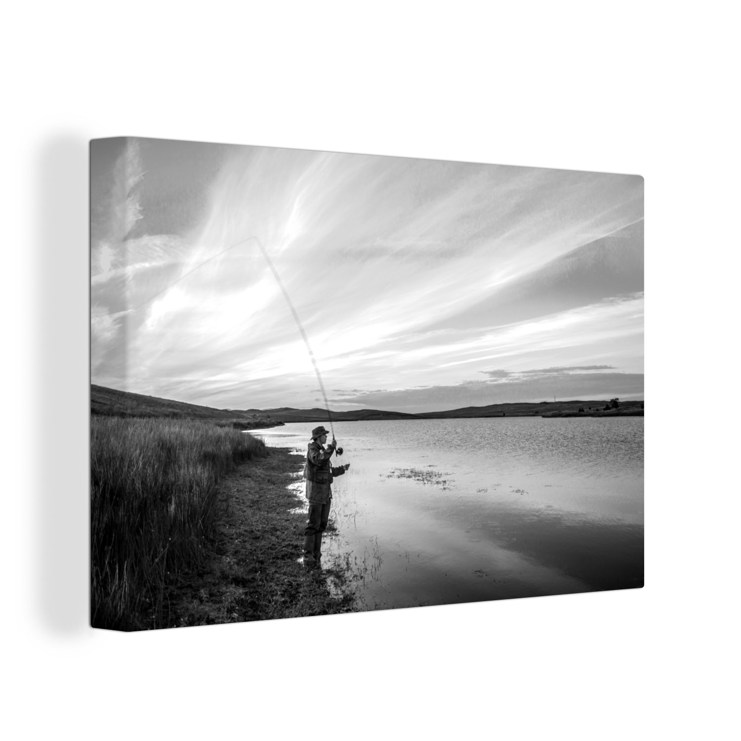 OneMillionCanvasses® Leinwandbild Fischer am Wasser - schwarz und weiß, (1 St), Wandbild Leinwandbilder, Aufhängefertig, Wanddeko, 30x20 cm