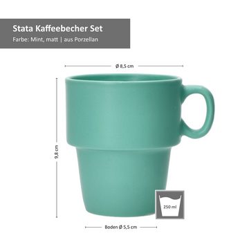 MamboCat Becher Stata 6x Kaffeebecher 250ml mint Tee-Tasse Henkel Porzellan stapelbar, Porzellan