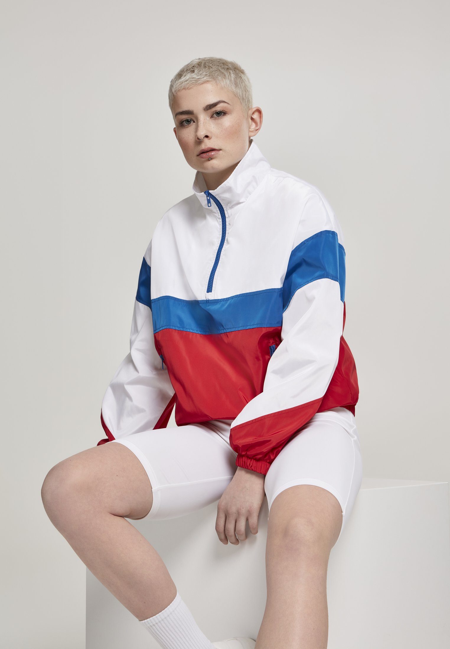 white/firered/brightblue Collar Ladies Jacket (1-St) Pull Outdoorjacke Stand URBAN CLASSICS 3-Tone Over Damen Up