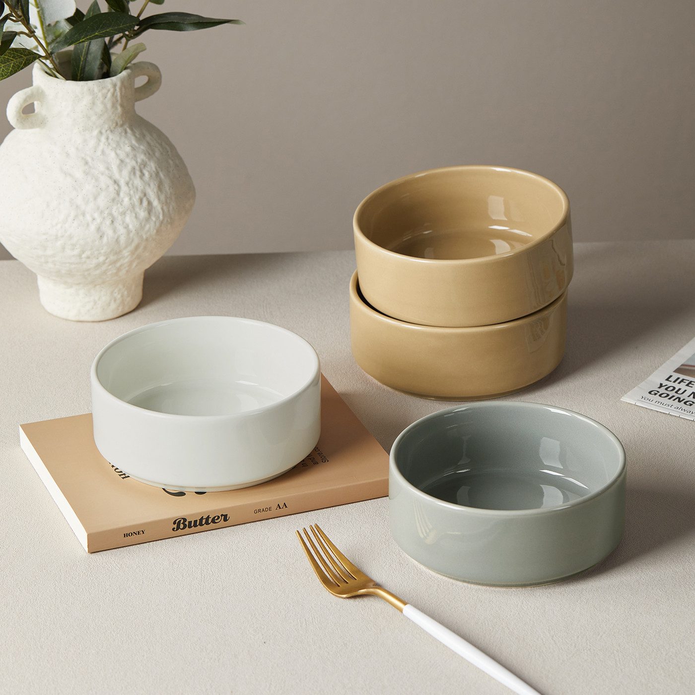 JIWOO Salatschüssel 4er Ø13,5cm, Müslischüssel Suppenschüssel Dessertschale Obstschale, Keramik, (Schüsselset, 6-tlg), Bowl Hochwertiges Schüsseln Bunt Schüssel Mikrowellenofen Spülmaschine