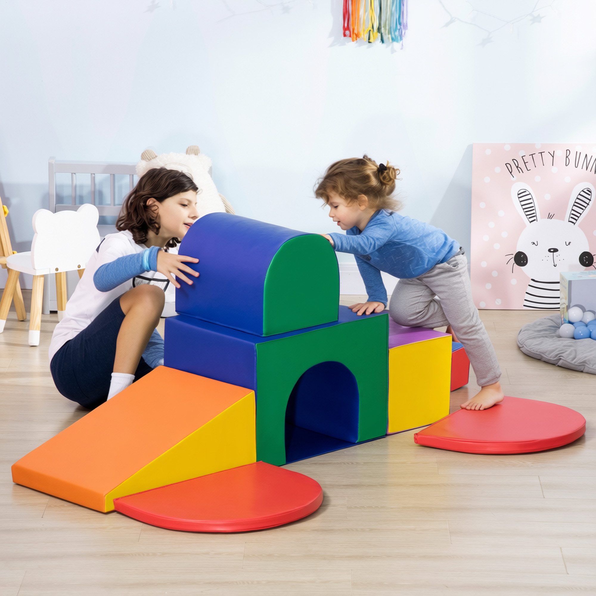 HOMCOM Schaumstoff Bausteine Softbausteine Grossbausteine Mehrfarbig Spielbausteine, (Schaumstoffblöcke, 7 St., Riesenbausteine), für 1-3 Jahre alt Kinder Kunstleder EPE