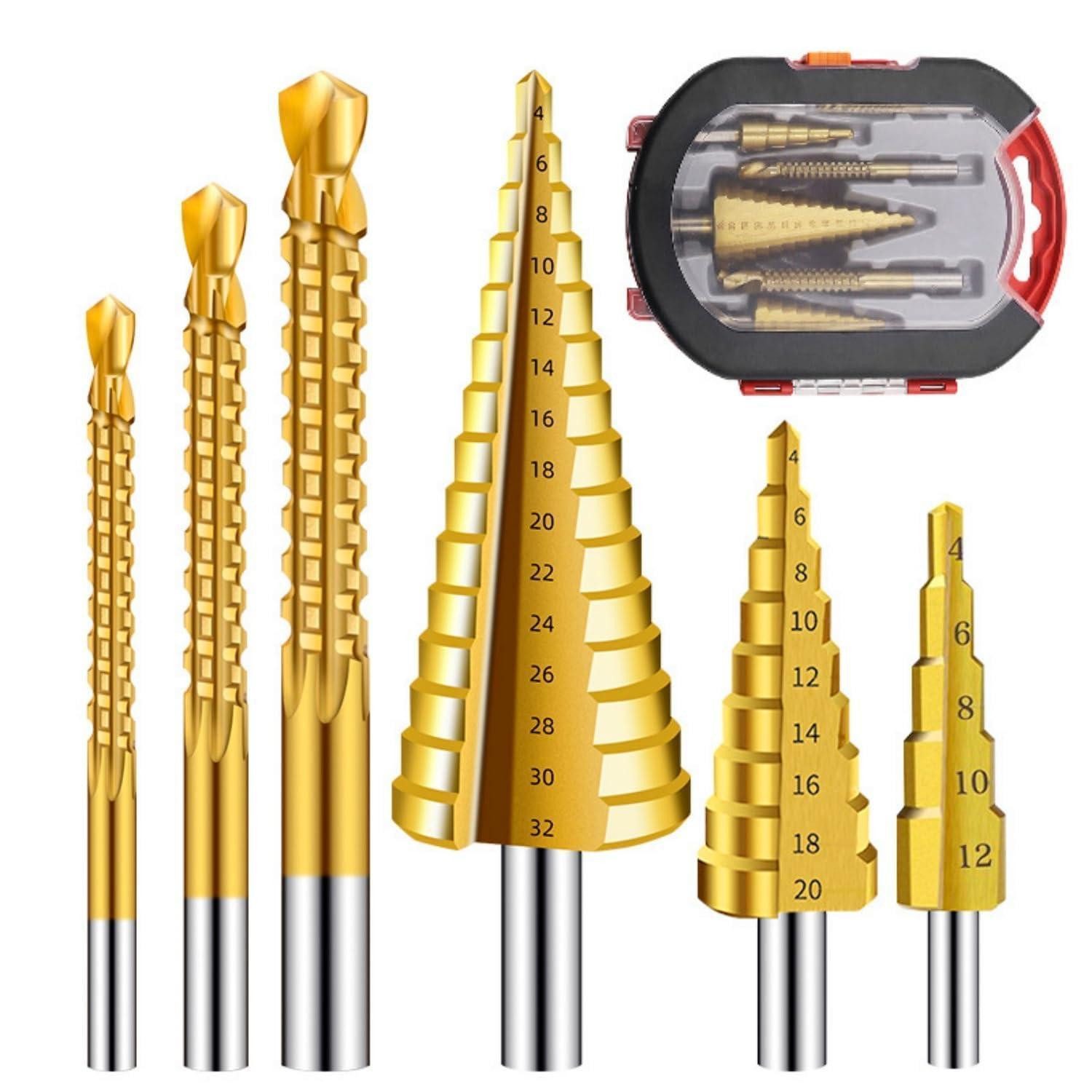 LuxusKollektion Stufenbohrer Stufenbohrer-Set 6-tlg HSS Titanbeschichtung 4-32 mm inkl Spiralbohrer