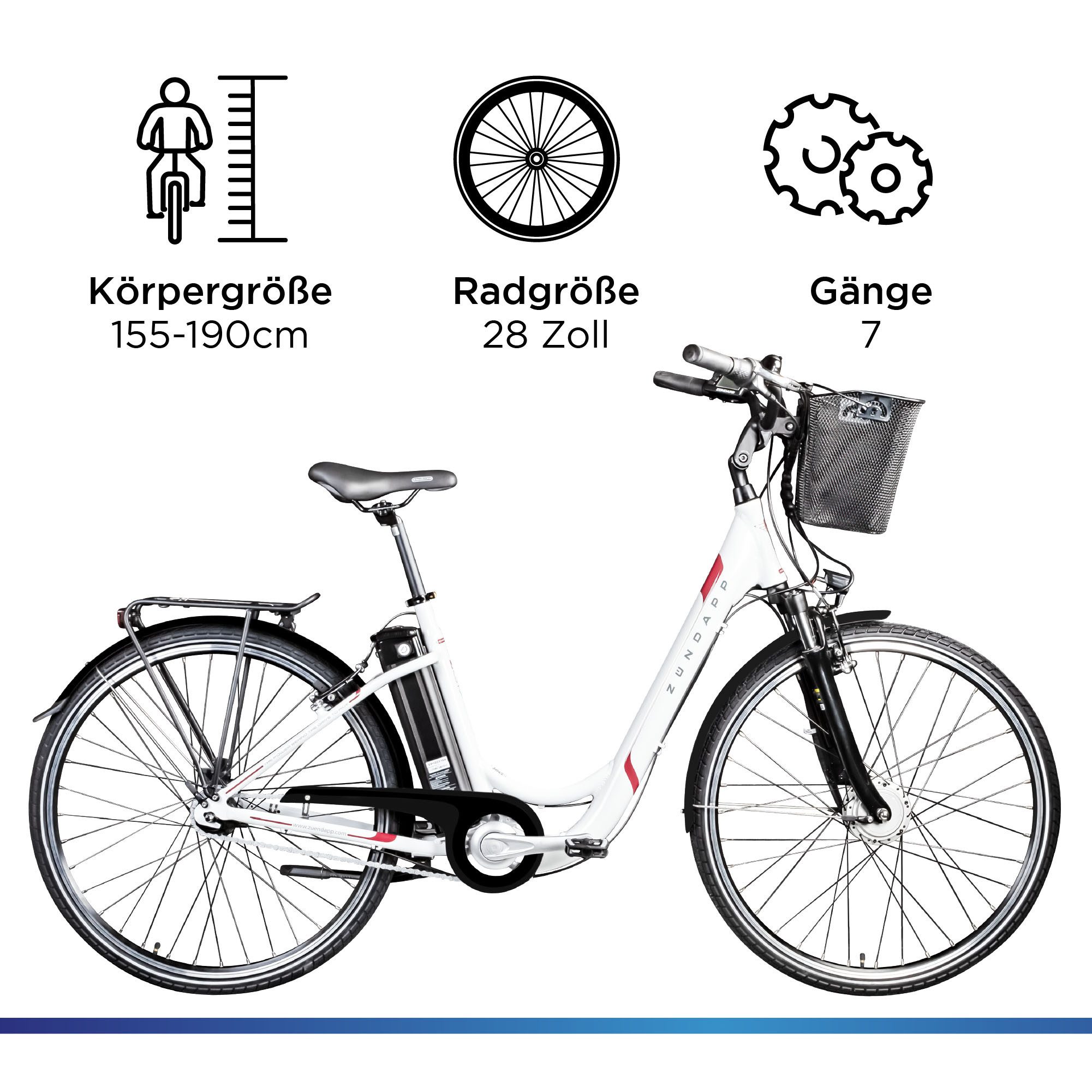Zündapp E-Bike Cityrad Z517, 7 Gang, Nabenschaltung, Frontmotor, 531 Wh, E Bike Damenfahrrad 28 Zoll 155 - 190 cm mit 7 Gang Nabenschaltung