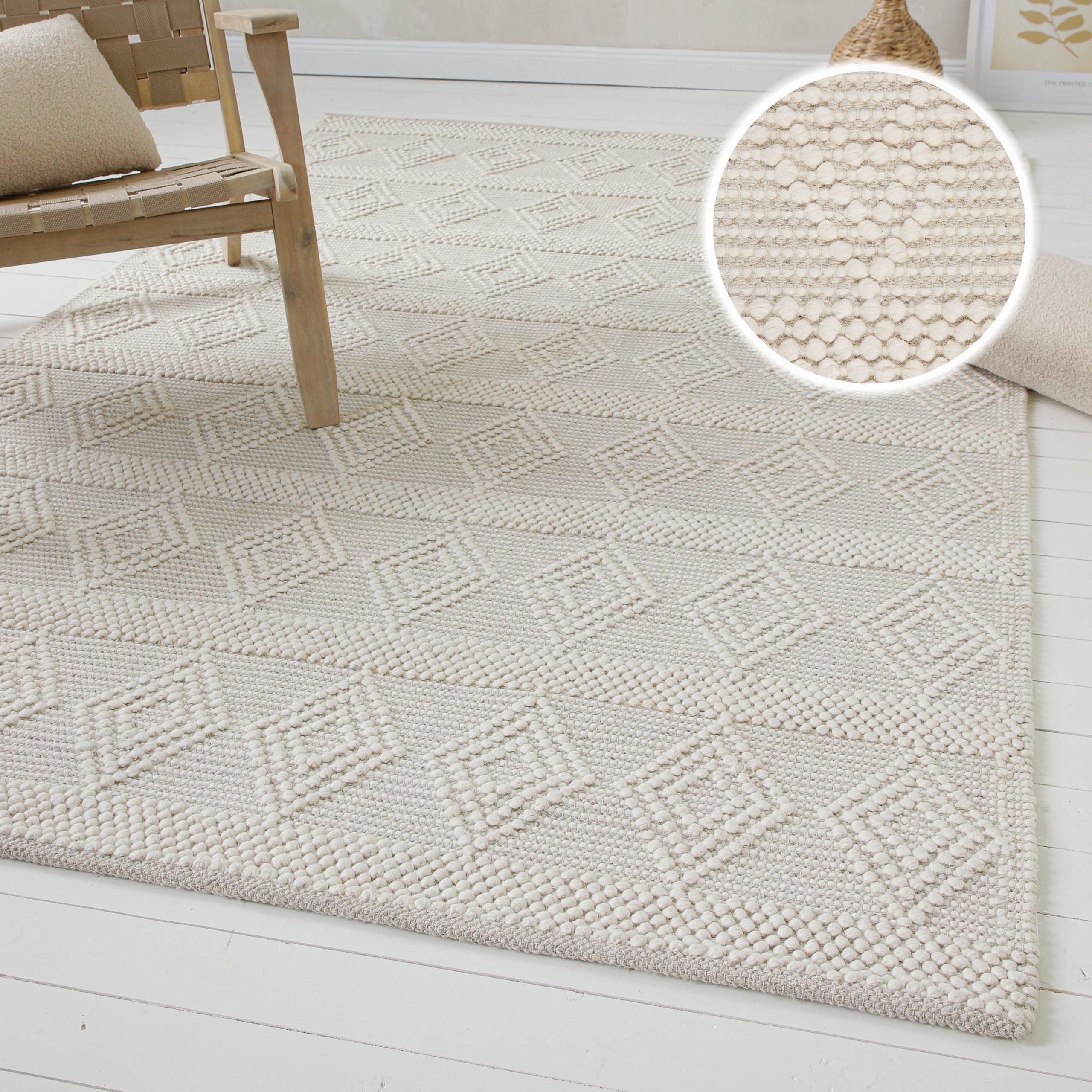 OTTO home Teppich Grunno, rechteckig, Höhe: 8 mm, 70% Wolle, handgewebt, Raute, Hoch-Tief, Wohnzimmer, Naturfaser