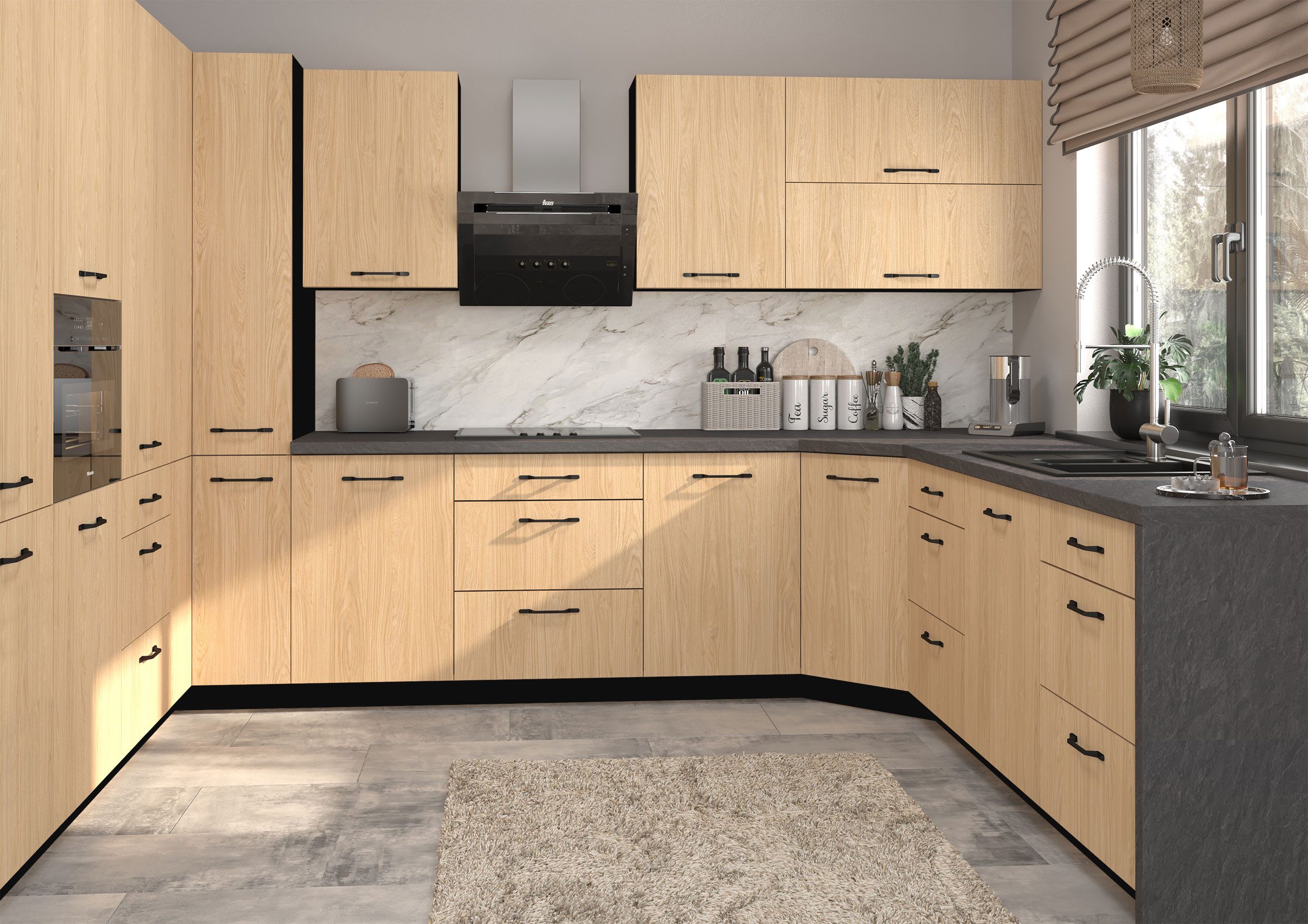 Feldmann-Wohnen Küchenzeile Casella, (Topfkarussell, Gasdruckdämpfer, Blum Metabox Teilauszug), U-Form, 15-teilig, schwarz / Casella Eiche Natur hell