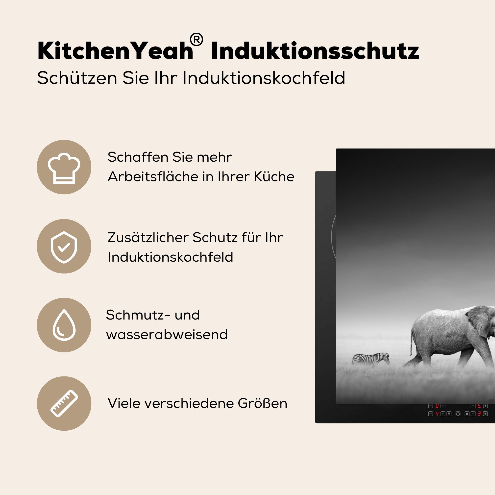 MuchoWow Zebra, - (1 und - für küche cm, Elefant 81x52 tlg), Arbeitsplatte Landschaft Tiere - Schwarz Ceranfeldabdeckung, - weiß Herdblende-/Abdeckplatte Vinyl,