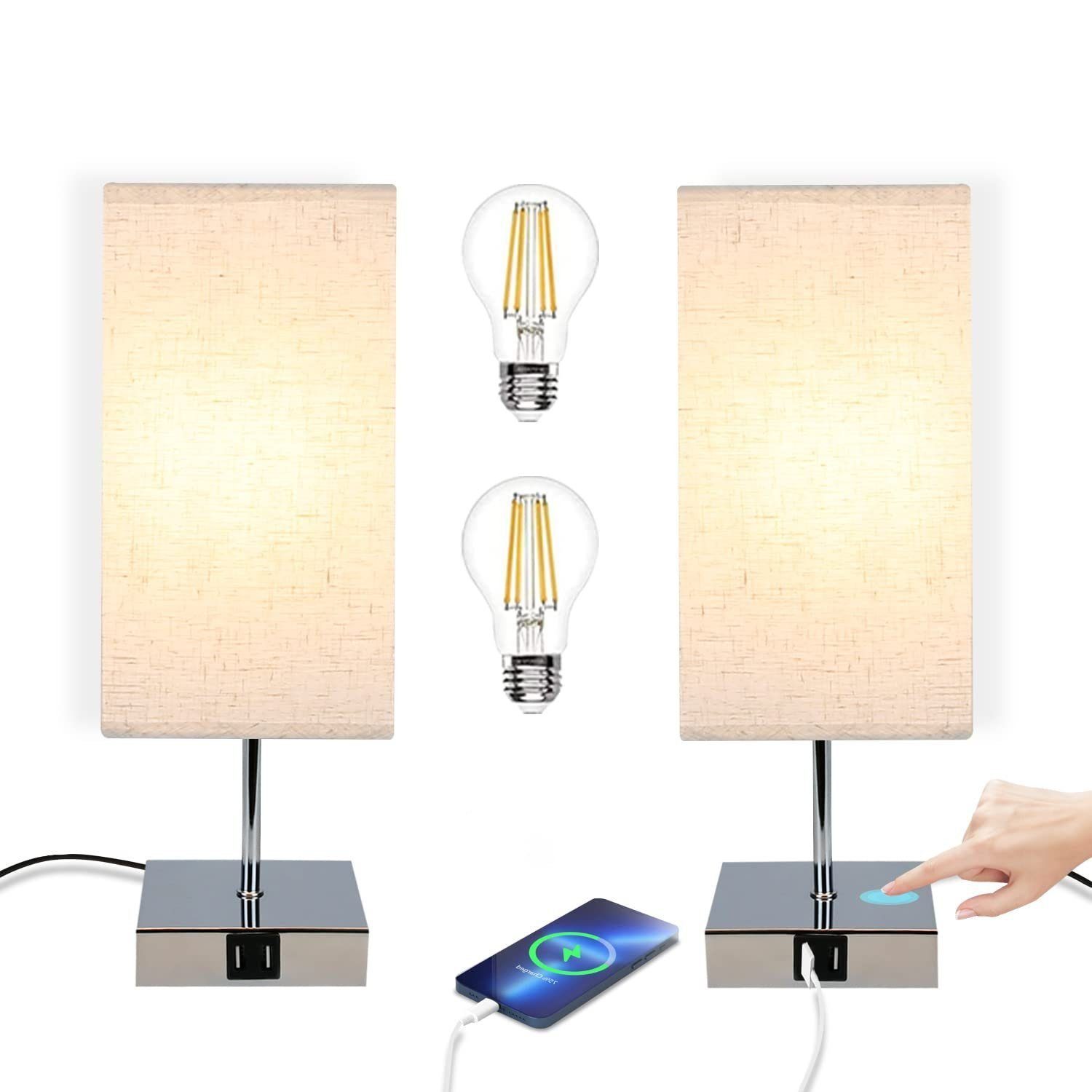 Nettlife Nachttischlampe Touch Dimmbar Warmweiße Tischleuchte für Schlafzimmer Stufenlosem, mit Ladefunktion USB, LED wechselbar, für Schlafzimmer kinderzimmer Bedside