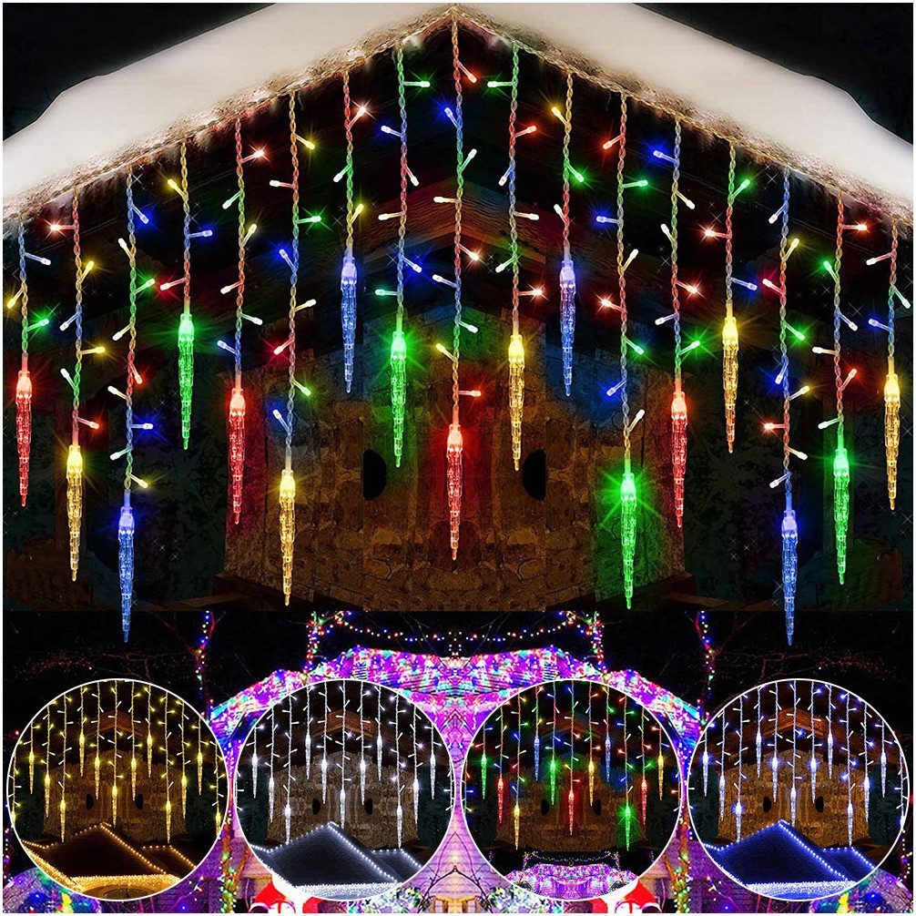 SERBASIC Lichtervorhang LED Eisregen Lichterkette Außen, Timer, 8 Modi, Anschließbar, 31V, Lichtervorhang für Weihnachten Dachkante …