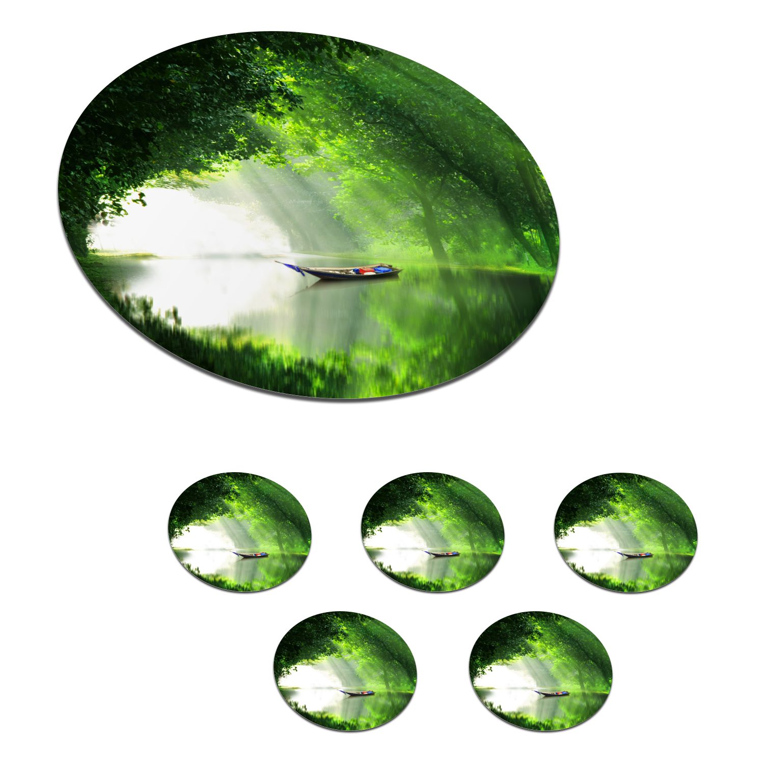 MuchoWow Glasuntersetzer Ein Boot auf einem Fluss, umgeben von grünem Wald, Zubehör für Gläser, 6-tlg., Getränkeuntersetzer, Tassenuntersetzer, Korkuntersetzer, Tasse, Becher