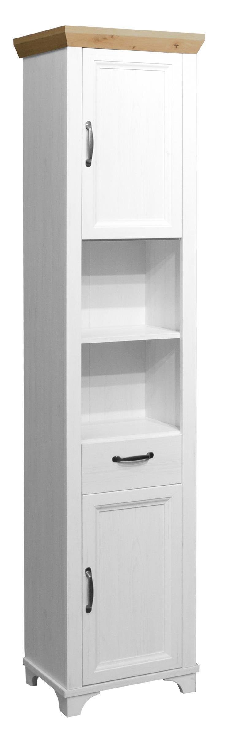 möbelando Hochschrank Marilin Hochschrank im modernen Landhausstil aus Spanplatte in Anderson Pine Nachbildung, Absetzung in Asteiche Nachbildung mit 2 Holztüren, 1 Schubkasten, 2 Einlegeböden und 2 offenen Fächern. Breite 45 cm, Höhe 195 cm, Tiefe 34 cm