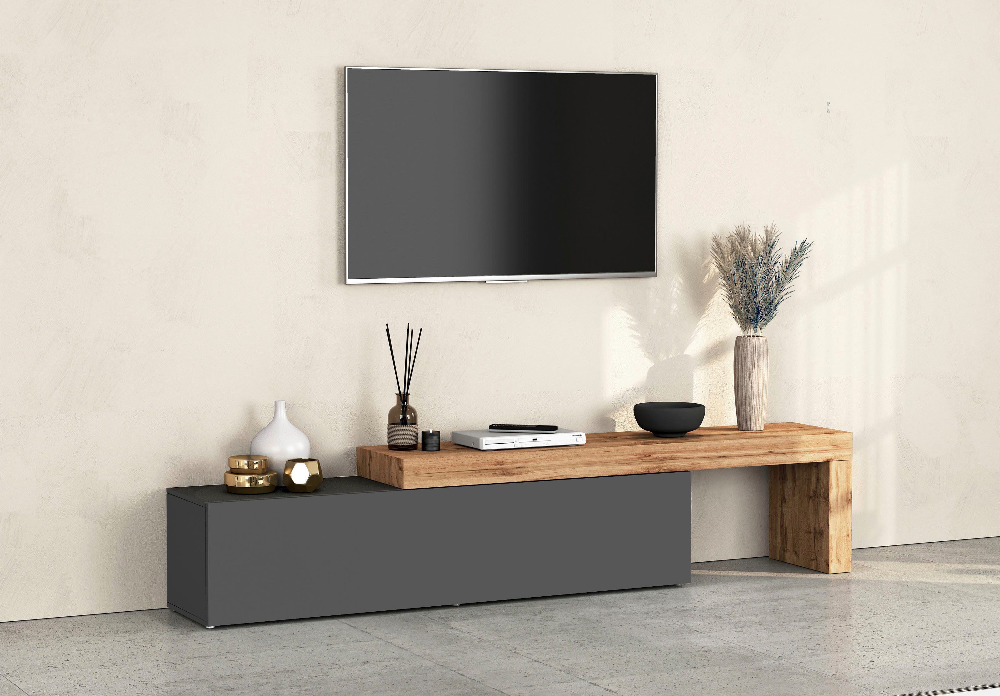 INOSIGN Lowboard Chronos TV-Board, TV-Schrank (1 St., Breite verstellbar von 190 bis 350 cm), Breite 270 cm TV-Board,Lowboard,1 Klappe und ein L-Förmiger Aufsatz