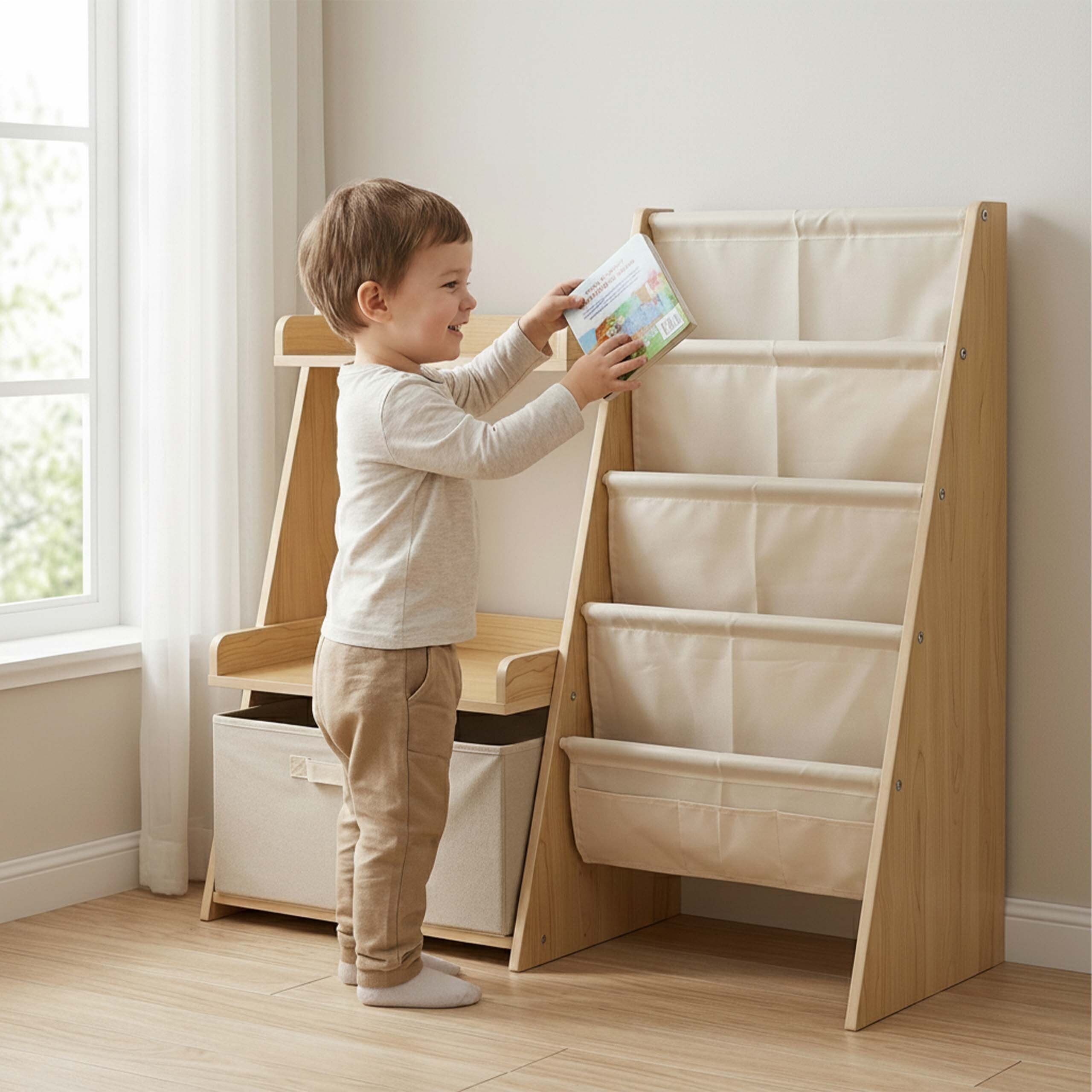 relaxdays Kinderregal Bücherregal Kinder Stofftaschen & Box