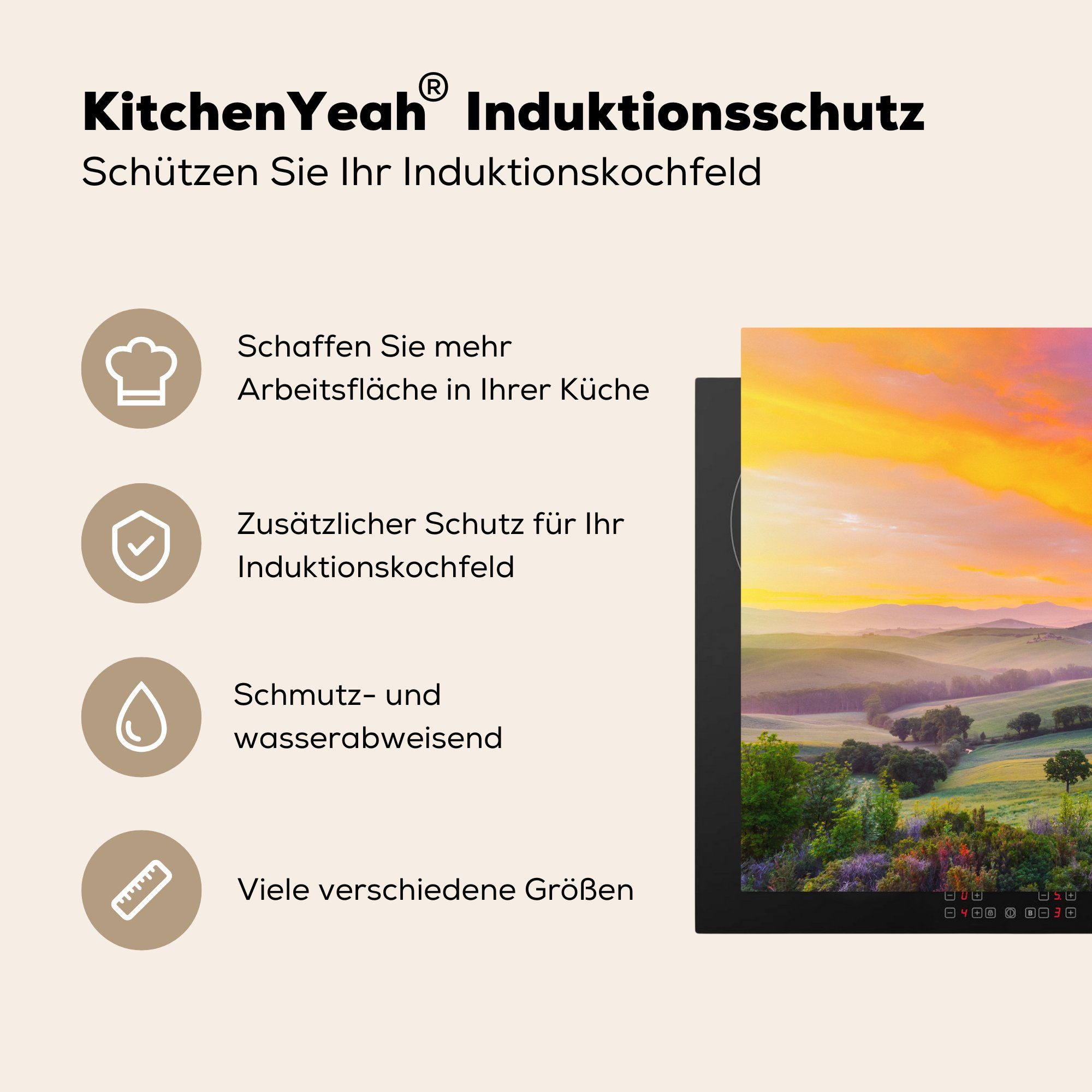 MuchoWow Herdblende-/Abdeckplatte Toskana - 78x78 cm, für Ceranfeldabdeckung, Farbenfroh, (1 - Landschaft tlg), küche Arbeitsplatte Vinyl