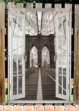Wallario Sichtschutzzaunmatten Brooklyn Bridge in New York, mit Fenster-Illusion