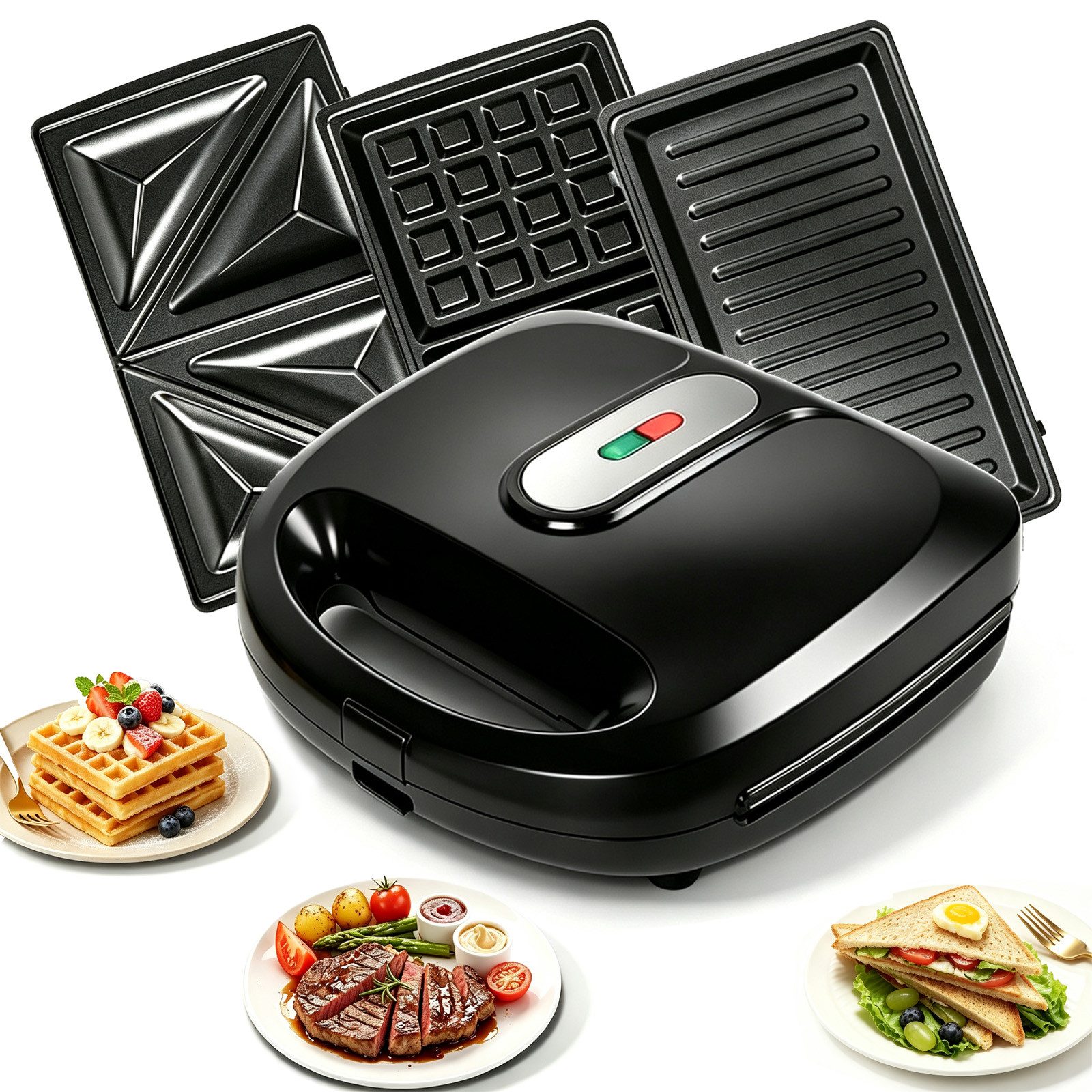 OZAVO 3-in-1-Sandwichmaker Waffeleisen & Kontaktgrill mit abnehmbare Antihaftbeschichtete Platten, 750 W, gleichmäßiges Aufheizen, kompakte Aufbewahrung