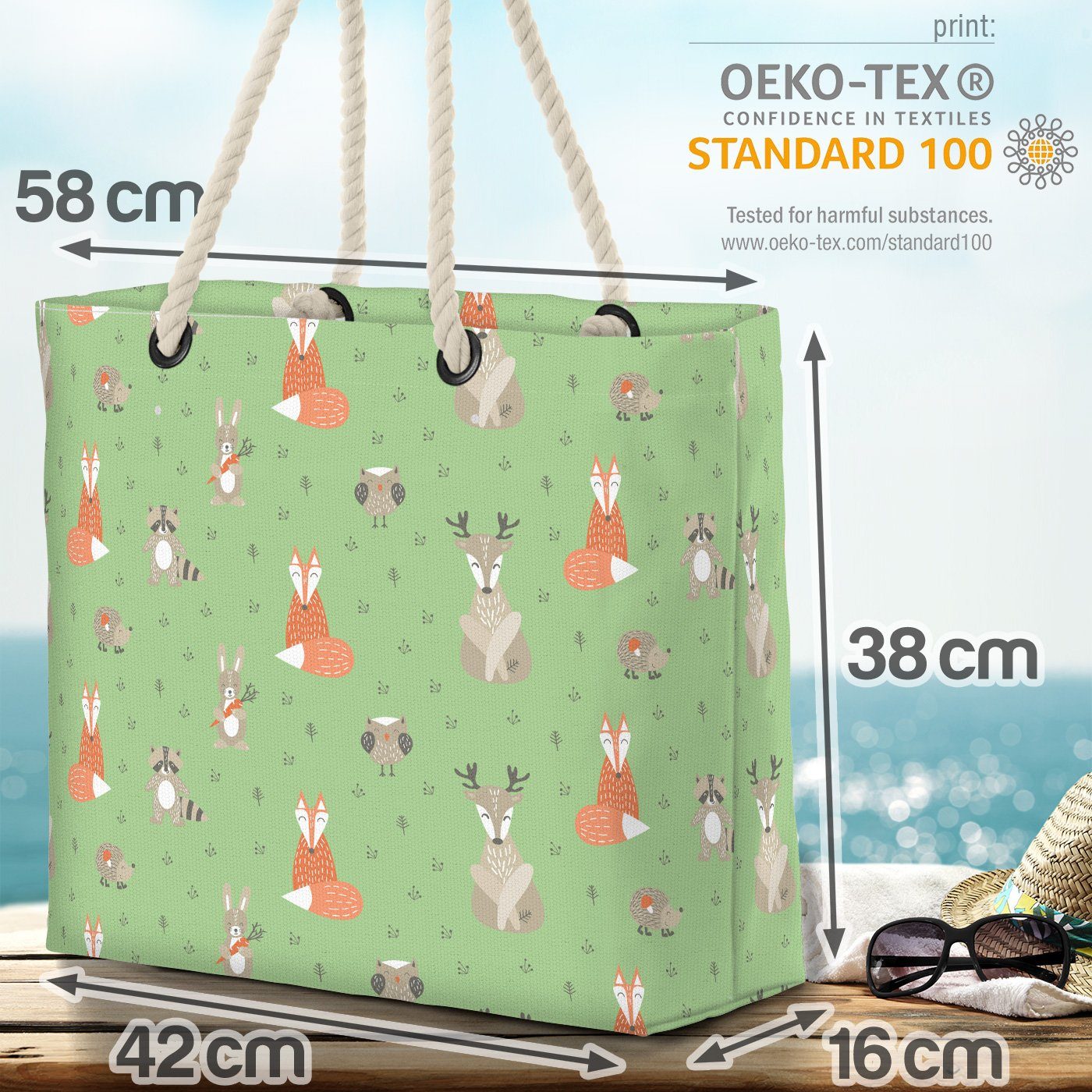 Kinder Strandtasche VOID Beach Wald (1-tlg), Märchen Muster Eule Sommer Reh Fuchs Waldtiere Tiere Bag Hase
