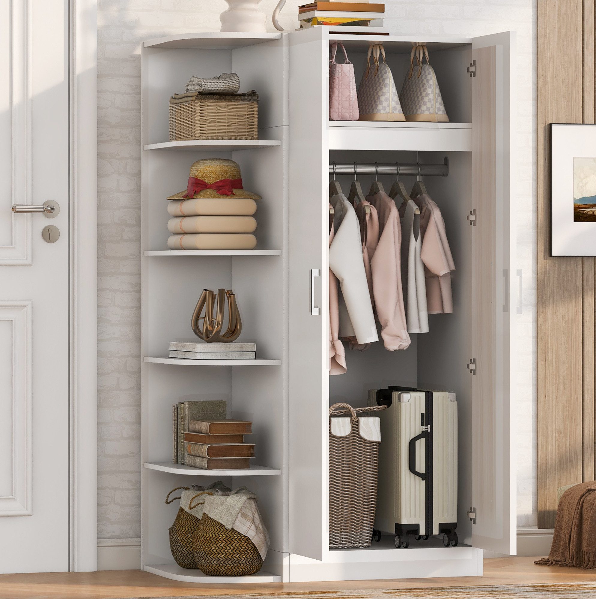 MODFU Kleiderschrank Schrank mit viel Stauraum, Schrank mit zwei Türen (Garderobenschrank, integrierten Regalfächern und Schubladen für eine ordentliche Aufbewahrung, Schlafzimmerschrank für Schlafzimmer, Kinderzimmer und Jugendzimmer)
