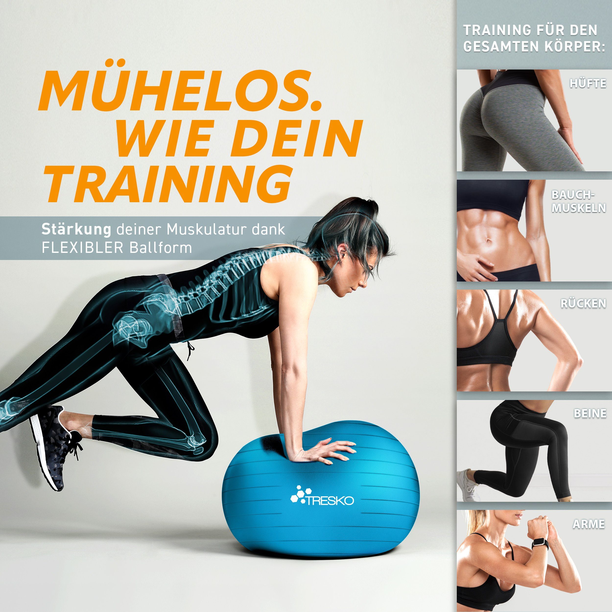 TRESKO Gymnastikball mit GRATIS Übungsposter inkl. Luftpumpe Yogaball, BPA-Frei Sitzball Büro Anti-Burst inkl. Luftpumpe, Fitnessball – Bild 4 von 5