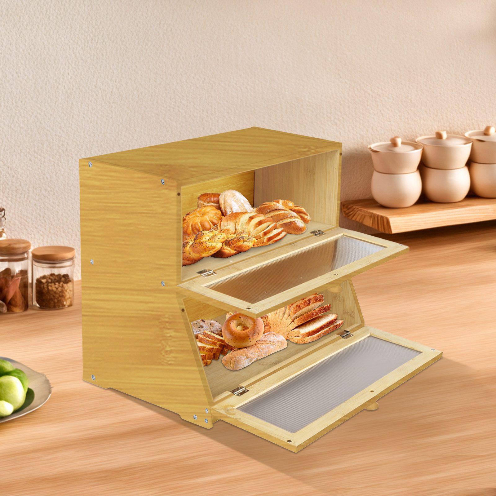 JEOBEST Brotkasten Küche Brotaufbewahrung, Großer Brotbox, (Bambus) 2 Etagen und Sichtfenster – Bild 5 von 5