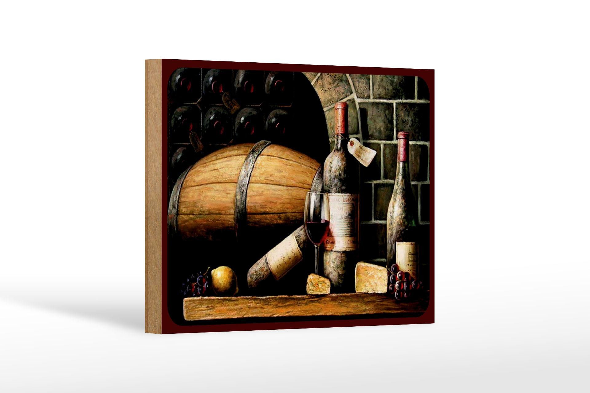 Femer GmbH Holzbild Retro 12x18 cm Rotwein Weinfass Weintrauben, (1 St), Glatte Holzfaserplatte (MDF), vorn beschichtet