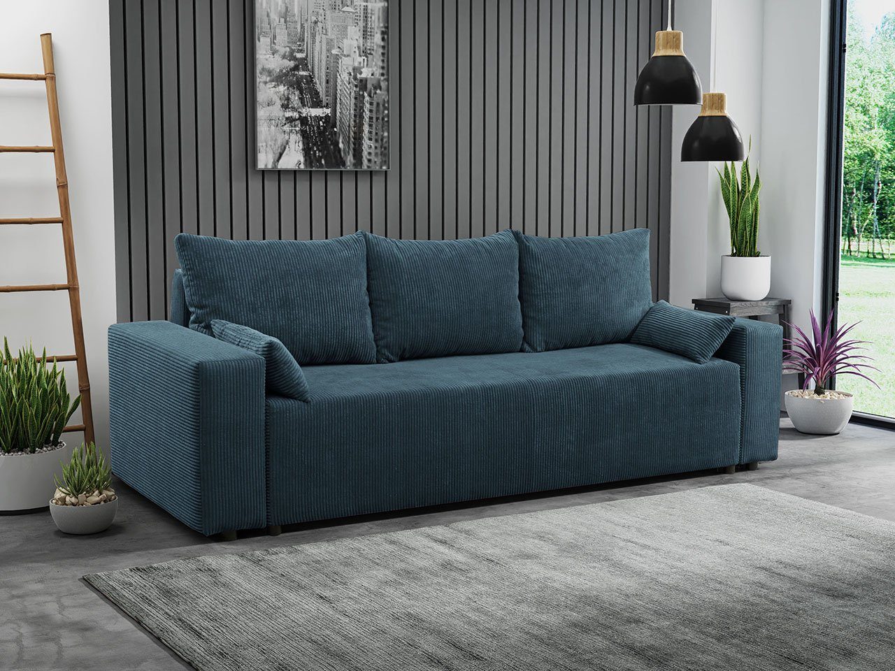 MIRJAN24 Schlafsofa Livorno, mit Schlaffunktion und Bettkasten, Kissen-Set,  Rückenlehne in Form beweglicher Kissen, Freistehendes Sofa