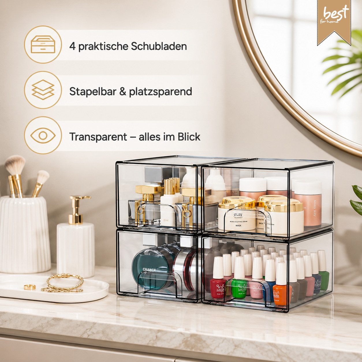 Best for Home Schubladenbox Platzsparend stapelbar transparent 4-teilig kompakt und vielseitig, (Aufbewahrungsschubladen-Set, 4-St., 4-teilig), Transparent, sta – Bild 2 von 5