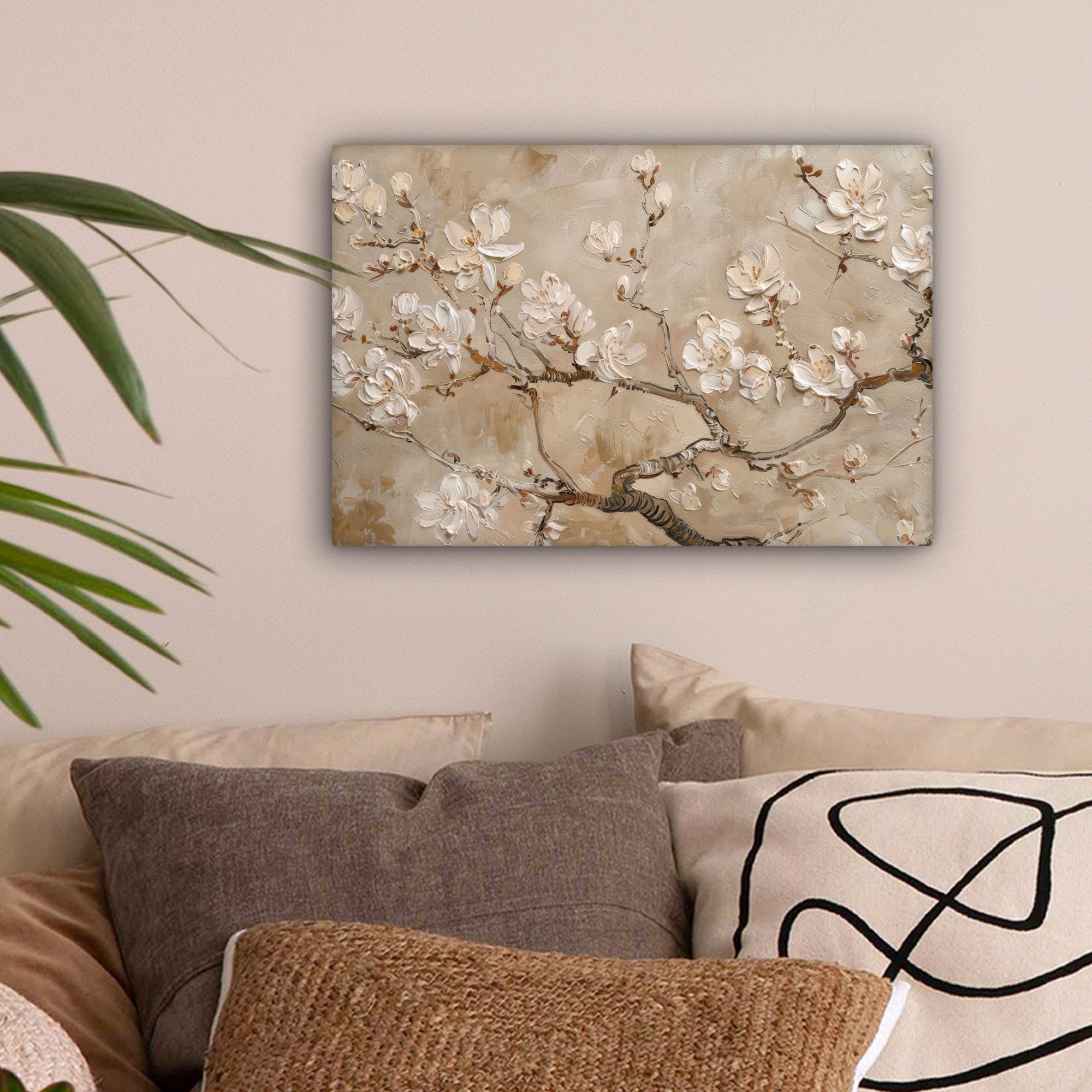 OneMillionCanvasses® Leinwandbild Blumen - Modern - Beige - Weiß - Blüte, Fotodruck (1 St), Leinwand Bilder Klein, Wand Dekoration Aesthetic 30x20 cm