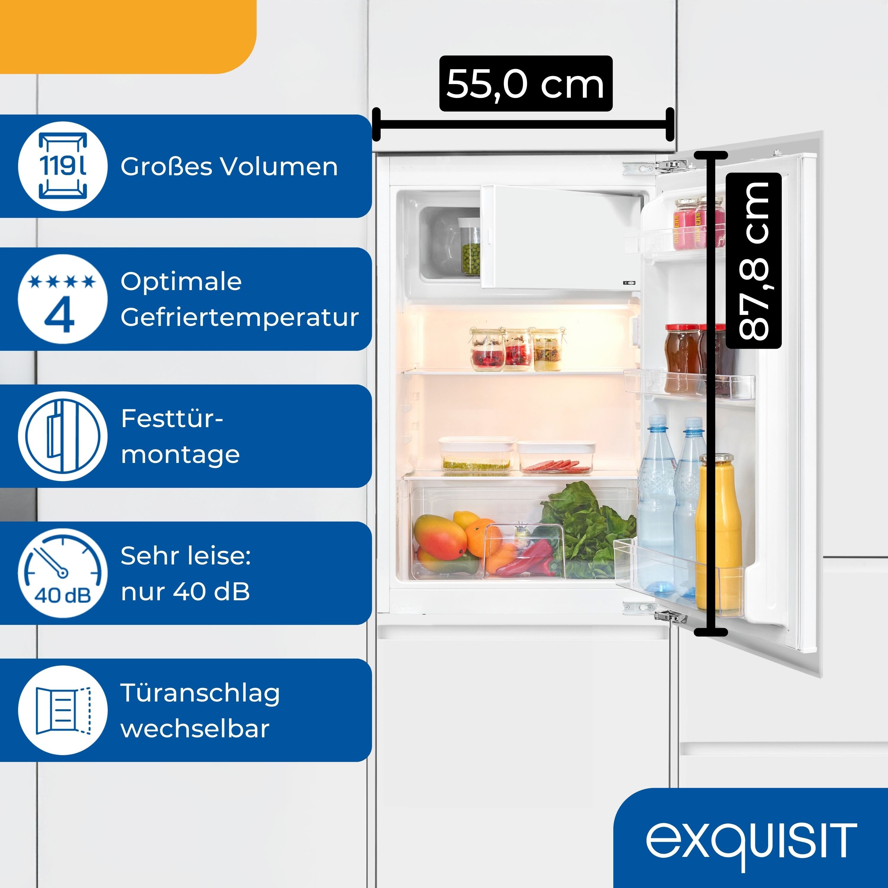 exquisit Einbaukühlschrank EKS5131-4-FE-090E weiss, 87.8 cm hoch, 55 cm breit,4-Sterne-Gefrierfach, Geräuscharmer Betrieb, LED-Innenbeleuchtung