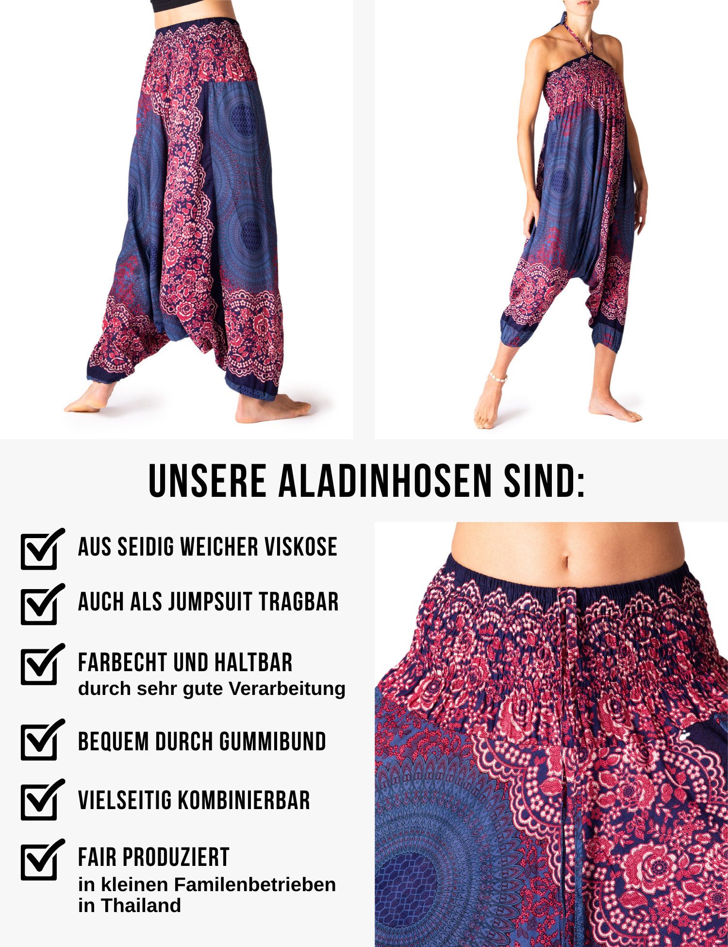 PANASIAM Haremshose Aladinhose im schönen Peacock Design Haremshose aus 100% natürlicher Viskose auch als Overall tragbar Damen Pumphose bequeme Freizeithose