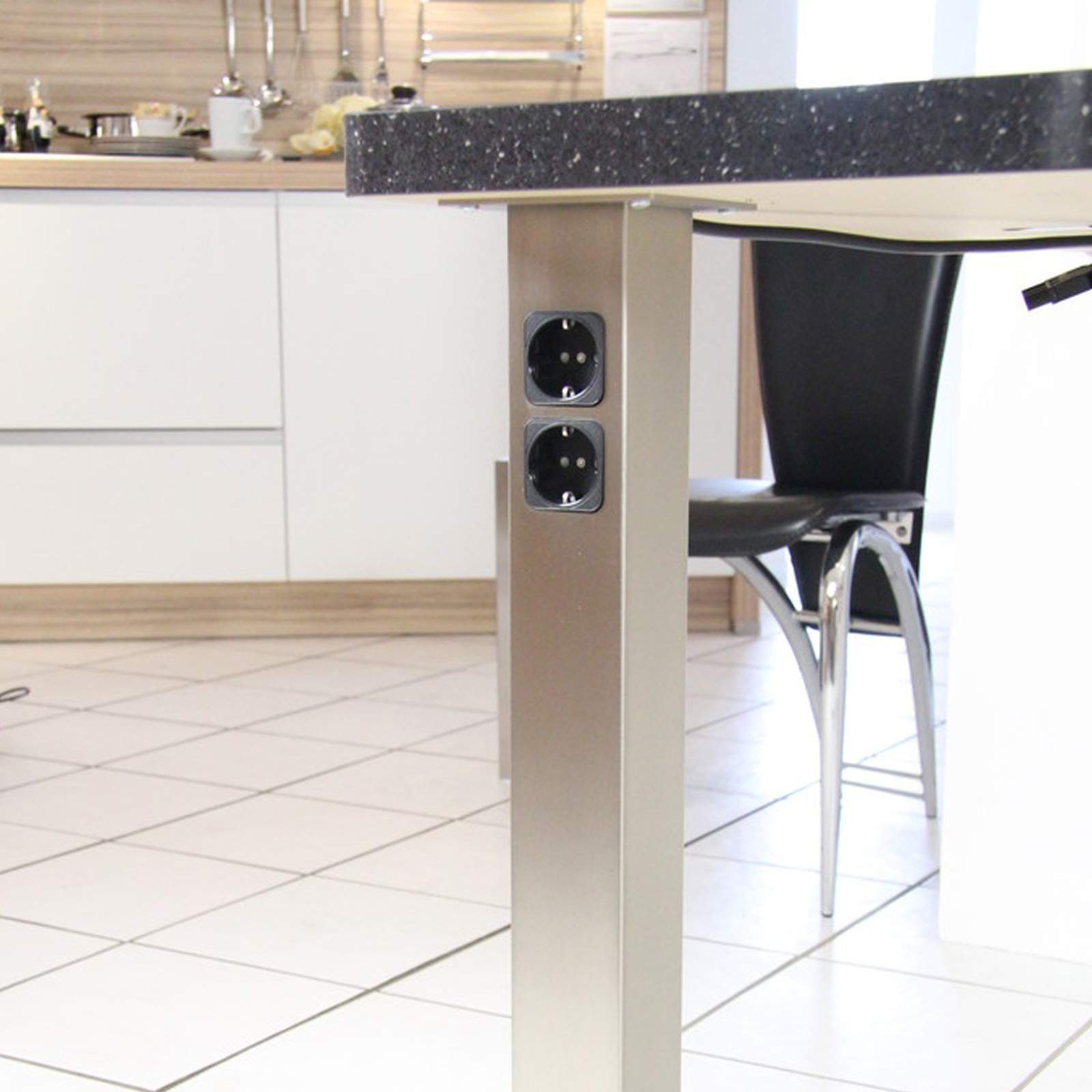 SO-TECH® Tischbein Tischbein Edelstahloptik eckig 70 x 70 mm Höhe: 720-892 mm, Höhe 892 mm verstellbar +/- 5 mm, mit 2 Steckdosen