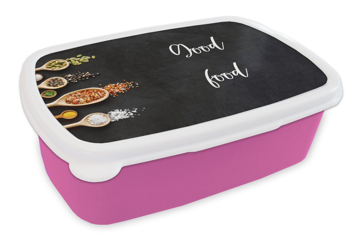 MuchoWow Lunchbox Essen - Gutes Essen - Reden - Zitate, Kunststoff, (2-tlg), Brotbox für Erwachsene, Brotdose Kinder, Snackbox, Mädchen, Kunststoff rosa