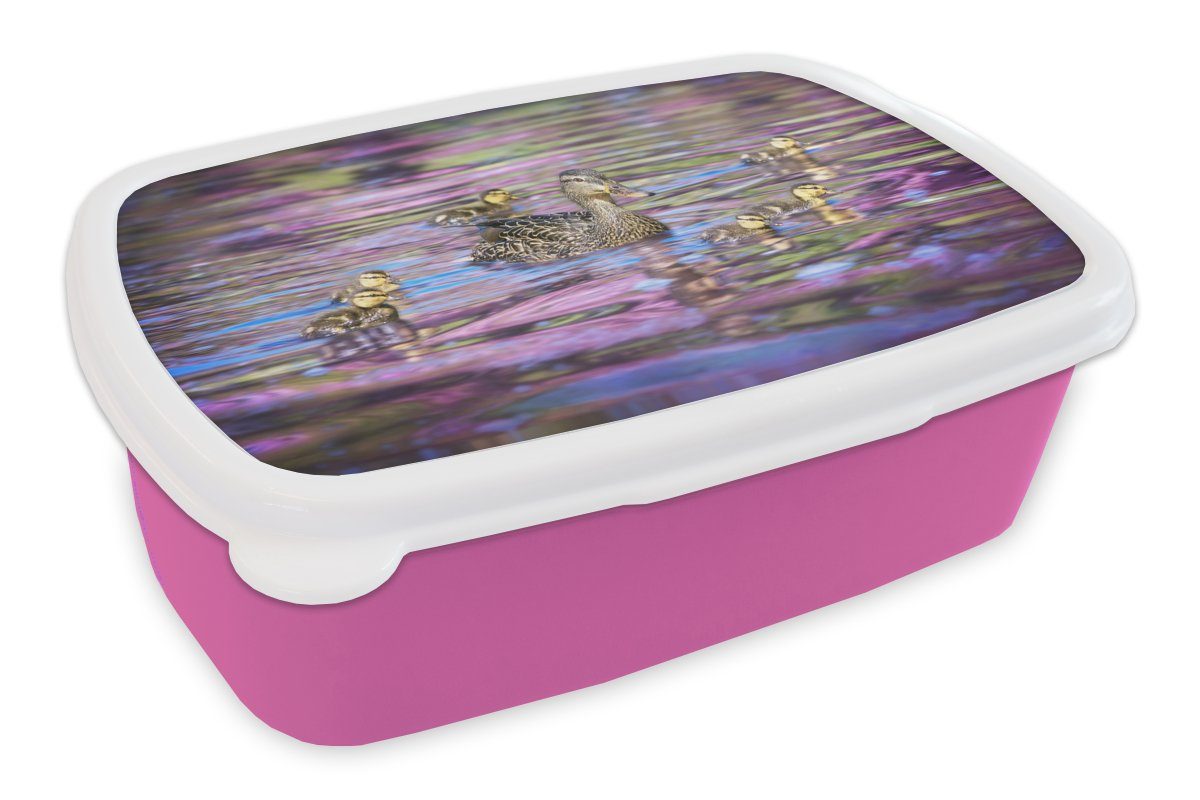 MuchoWow Lunchbox Ente - Wasser - Farben, Kunststoff, (2-tlg), Brotbox für Erwachsene, Brotdose Kinder, Snackbox, Mädchen, Kunststoff rosa
