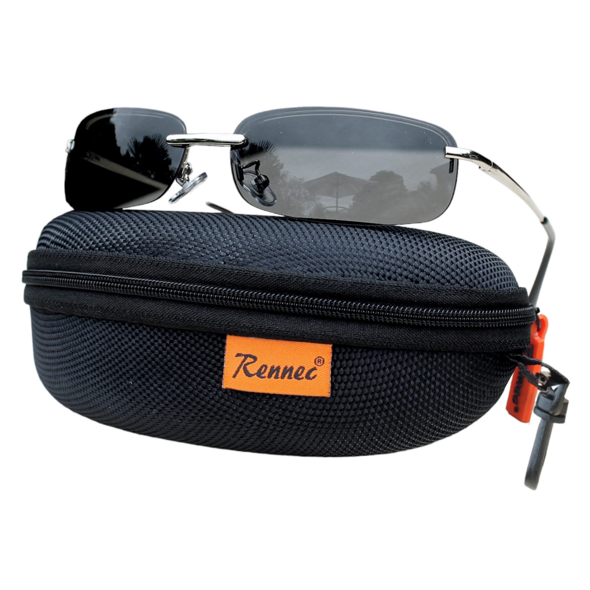Rennec Sonnenbrille Schmal Rechteckig Klein Damen Herren Brille mit Hardcase (Leichtes Edelstahl Gestell mit Federscharniere) Gläser UV400 Getönt oder Verspiegelt