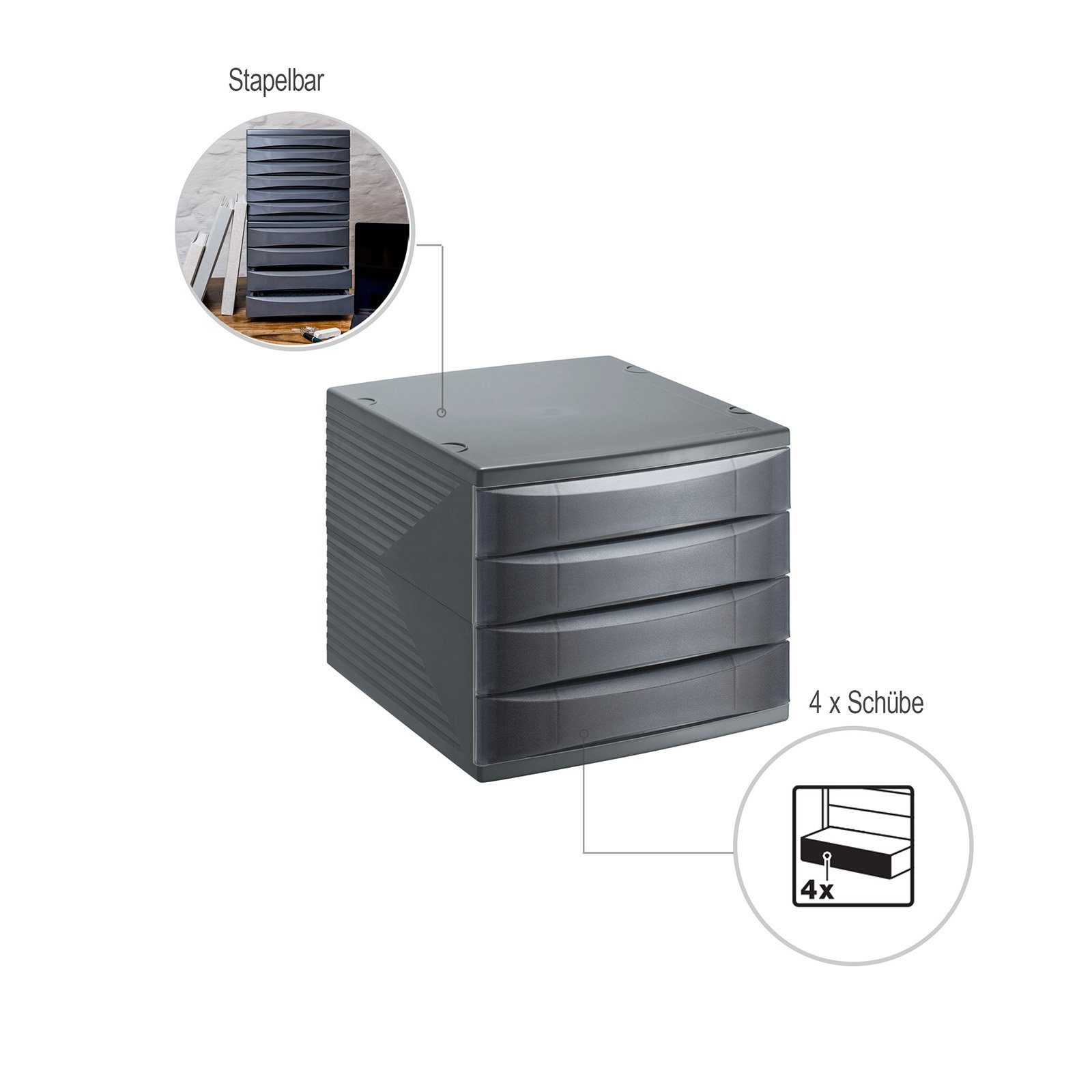 ROTHO Briefablage Quadra Schubladenbox Bürobox mit 4 Schüben, Kunststoff (PS)