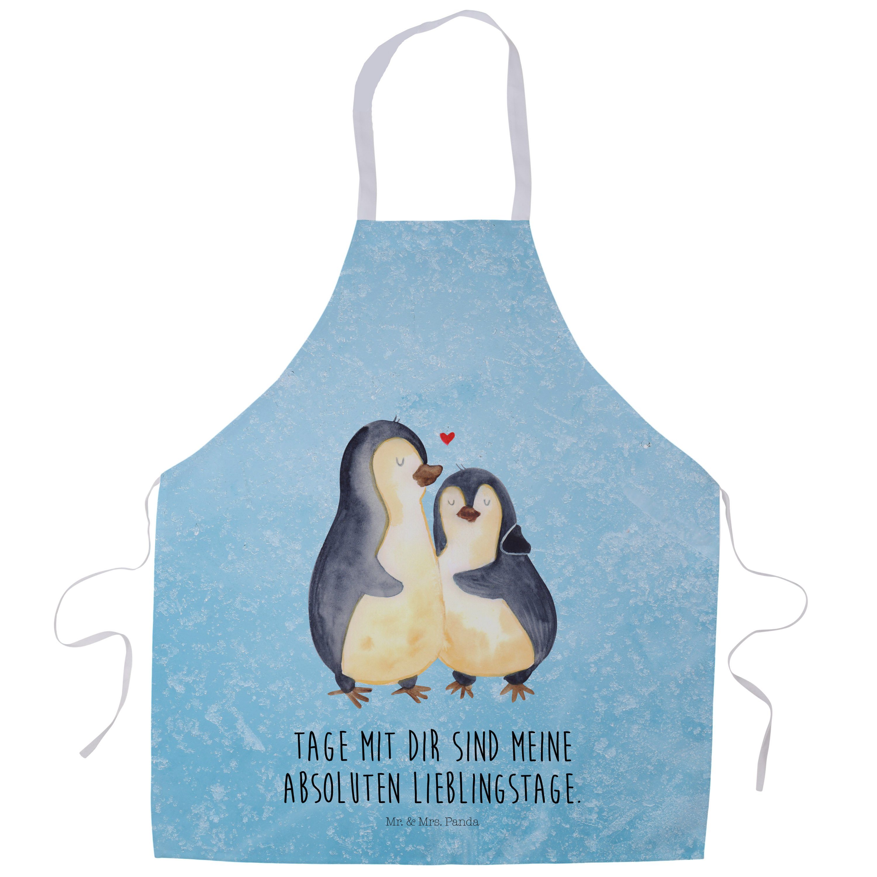 Mr. & Mrs. Panda Kochschürze Pinguin umarmen - Eisblau - Geschenk, Küchenschürze, Schürze, Backsch, (1-tlg), Große Fronttasche