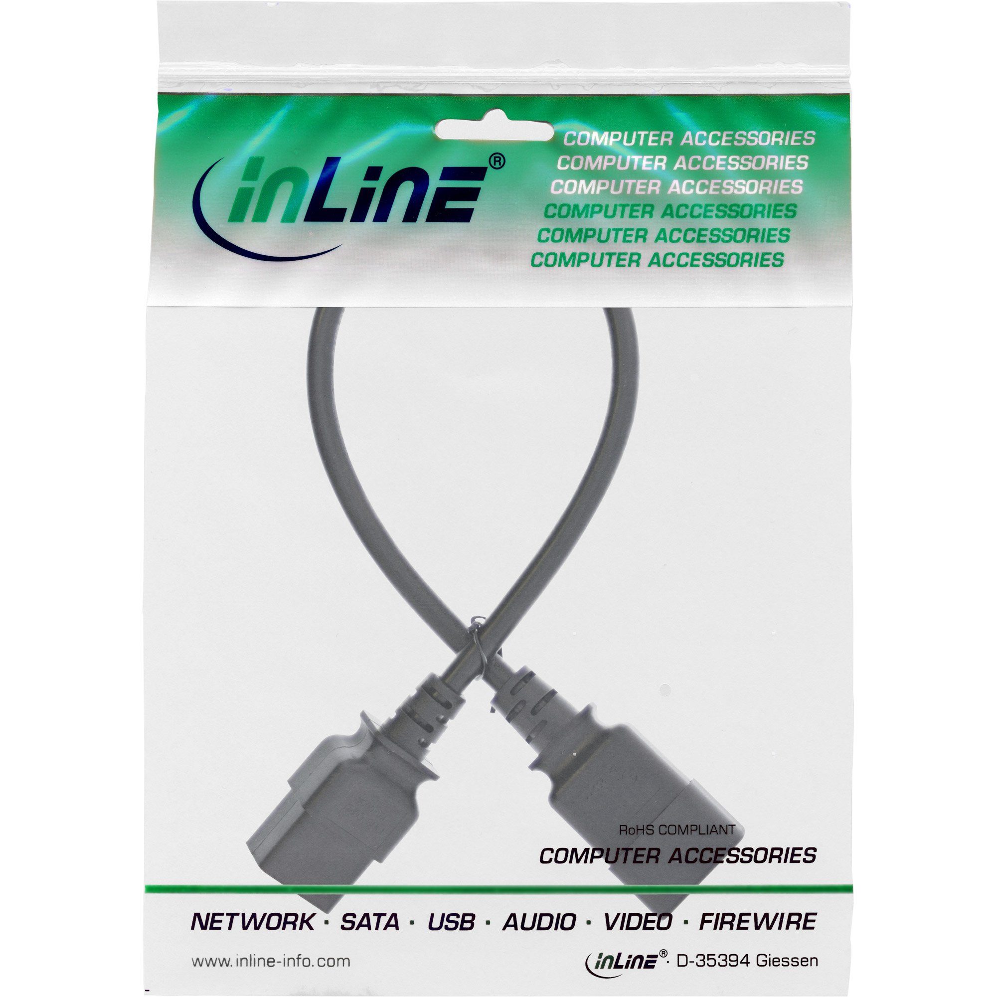 INTOS C19 InLine® AG Kaltgeräteverlängerung auf 0,5m ELECTRONIC Stromkabel C20, 16A,