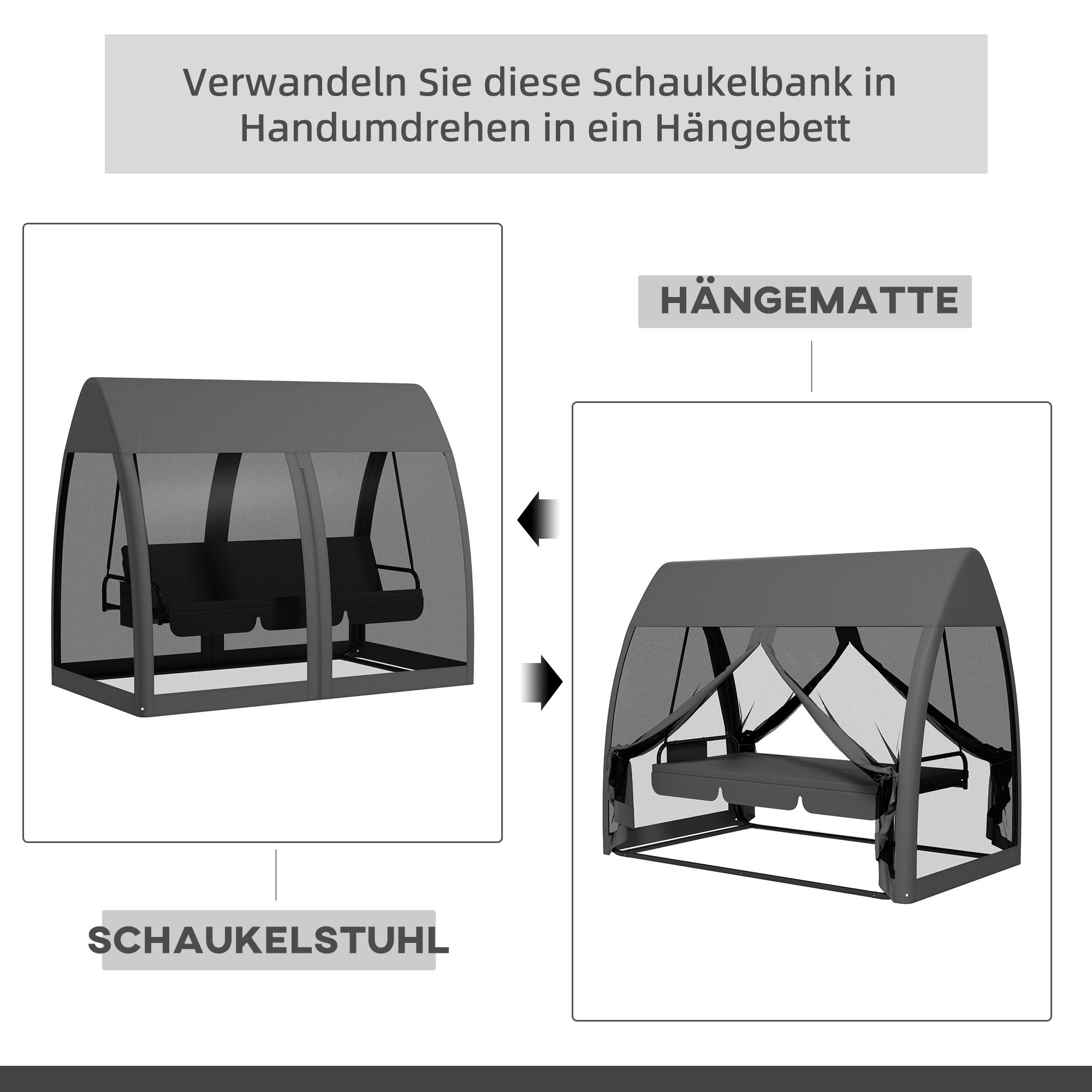 Outsunny Hollywoodschaukel Gartenschaukel mit Liegefunktion, Baldachin, Gartenliege, 3-Sitzer, Bettfunktion, 3-Sitzer Gartenschaukel, 1 tlg., Schaukelbank, für  – Bild 4 von 5