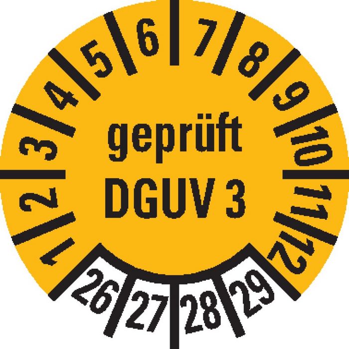 König Werbeanlagen Hinweisschild Prüfplakette geprüft nach DGUV 3 26-29 gelb Dokumentenfolie Ø10mm 128/Bogen